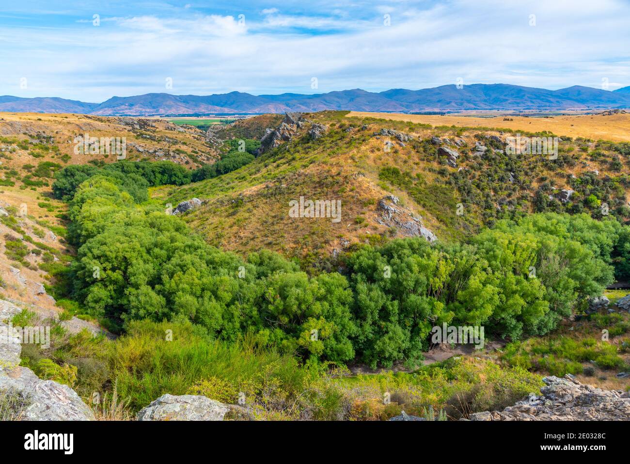 Valle del fiume Ida Burn a Central Otago bicicletta ferroviaria Trail in Nuova Zelanda Foto Stock