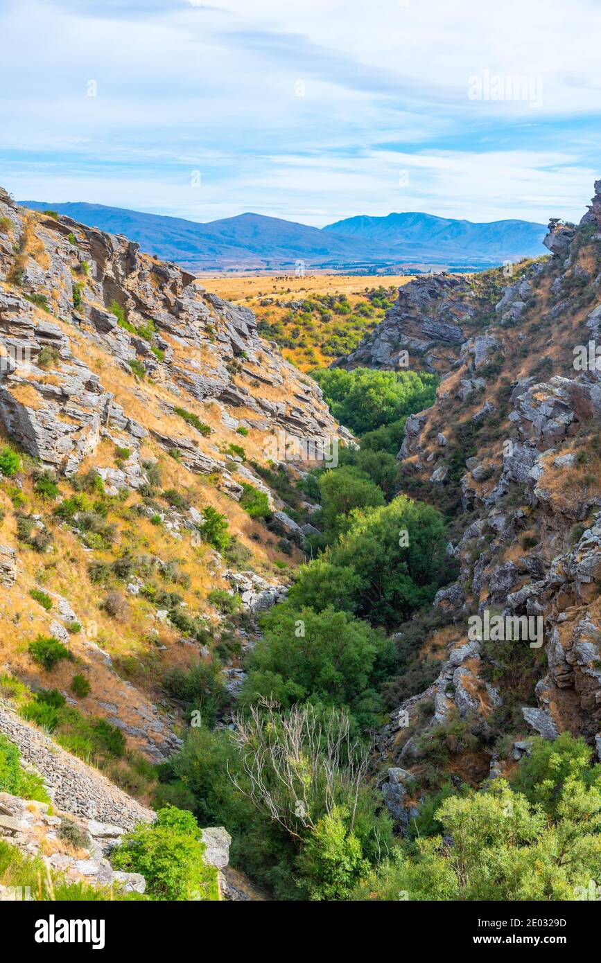 Valle del fiume Ida Burn a Central Otago bicicletta ferroviaria Trail in Nuova Zelanda Foto Stock