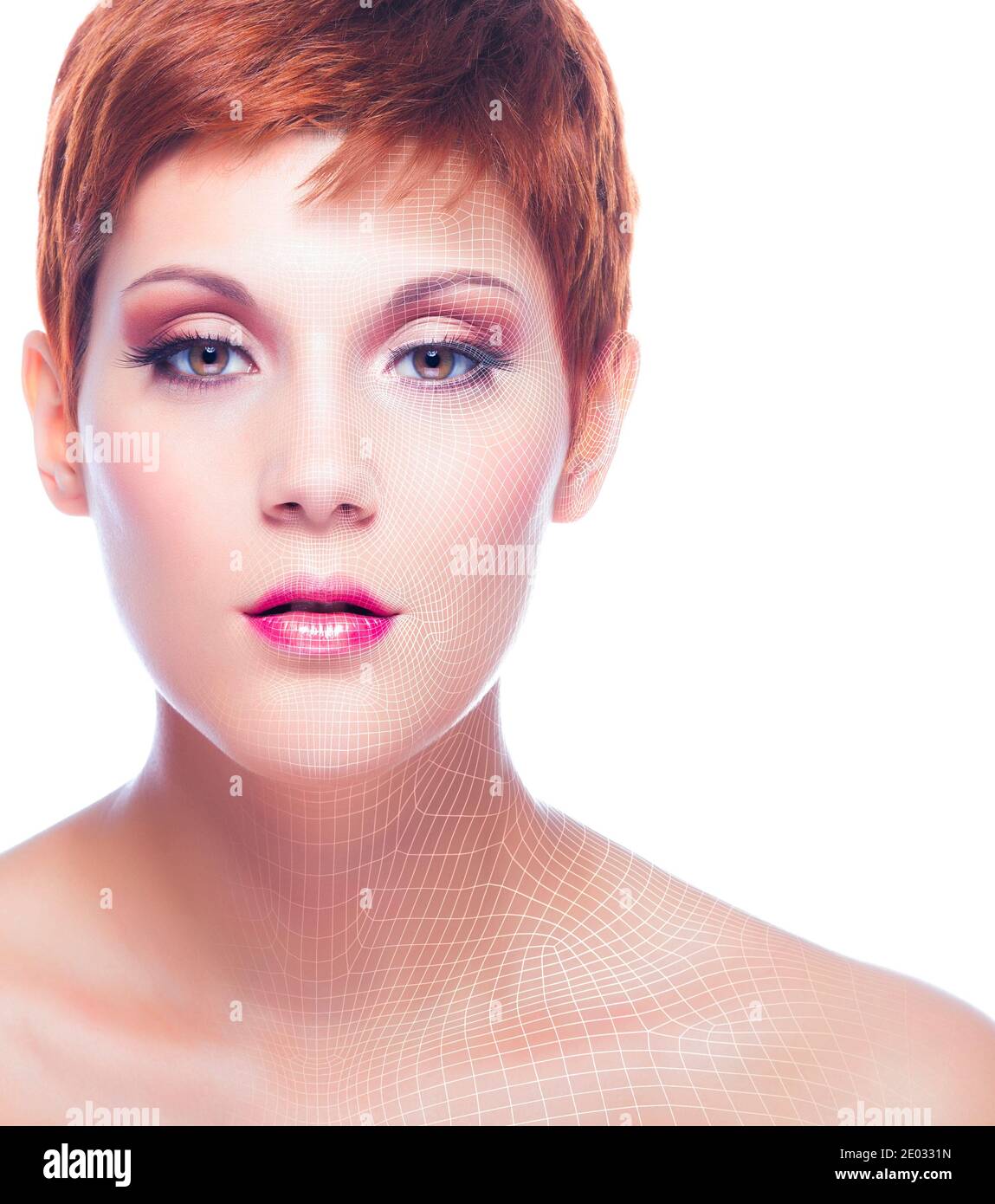 Ritratto di una donna mista a una mesh a reticolo 3d, look techno / hitech Foto Stock