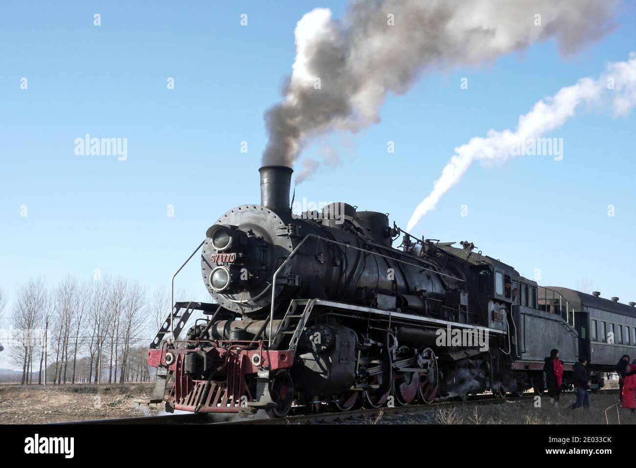 Allenati pronto a partire, primo piano della locomotiva a vapore Foto Stock