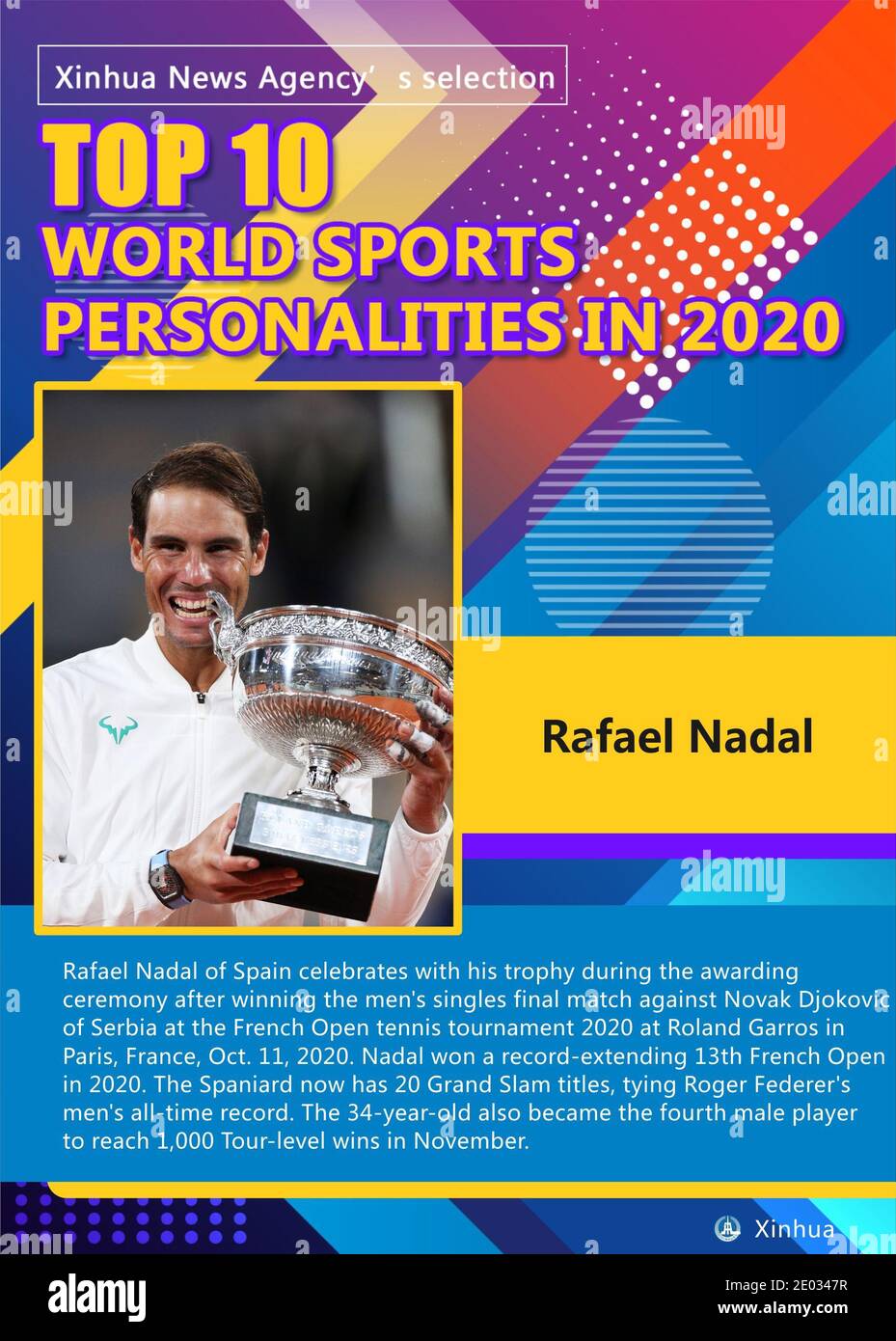 Pechino, Francia. 11 Ott 2020. Rafael Nadal di Spagna festeggia con il suo trofeo durante la cerimonia di premiazione dopo aver vinto la partita finale maschile contro Novak Djokovic di Serbia al torneo di tennis francese Open 2020 al Roland Garros di Parigi, Francia, 11 ottobre 2020. Nadal ha vinto un record-esteso 13 Open Francese nel 2020. Lo spagnolo ha ora 20 titoli Grand Slam, che legano il record maschile di Roger Federer. Il 34-year-old inoltre è diventato il quarto giocatore maschio a raggiungere 1,000 vittorie di livello di giro in novembre. Credit: Shi Manke/Xinhua/Alamy Live News Foto Stock