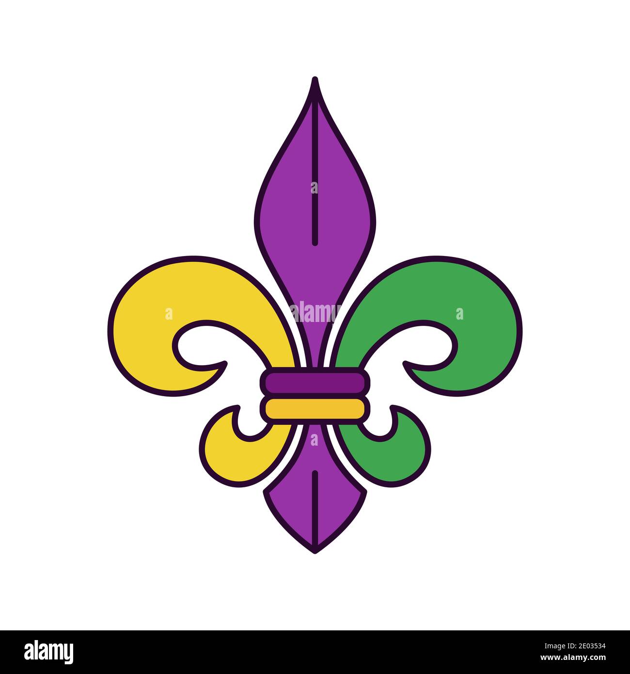 Web icona di fleur de lis, giglio geraldico francese in tradizionale viola, verde e giallo tavolozza. Simbolo del Martedì grasso o Mardi Gras - pittogramma vettoriale Illustrazione Vettoriale