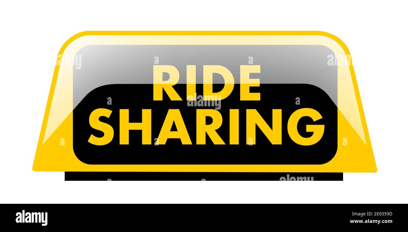 Condivisione delle corse / Carpooling - cartello giallo sul tetto del taxi con testo alternativo. Economia di condivisione innovativa nel settore dei trasporti e dei trasporti. Isolato Foto Stock