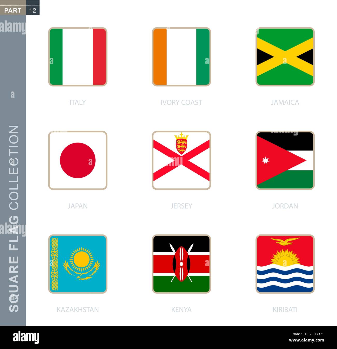 Bandiera quadrata collezione del mondo. Bandiere quadrate di Italia, Costa  d'Avorio, Giamaica, Giappone, Jersey, Giordania, Kazakistan, Kenya,  Kiribati Immagine e Vettoriale - Alamy