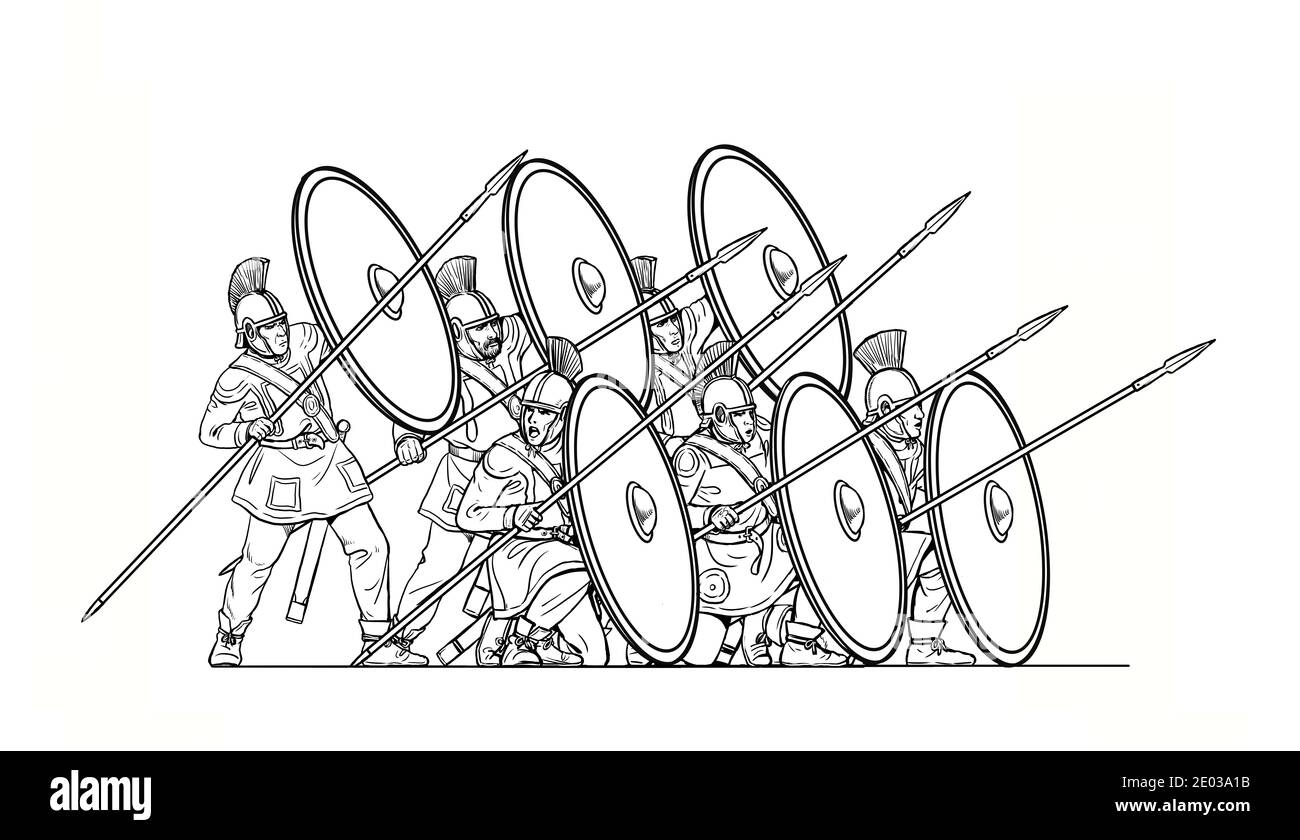 Soldati romani tardi durante la battaglia. Attacco dell'esercito romano. Disegno di contorno. Foto Stock