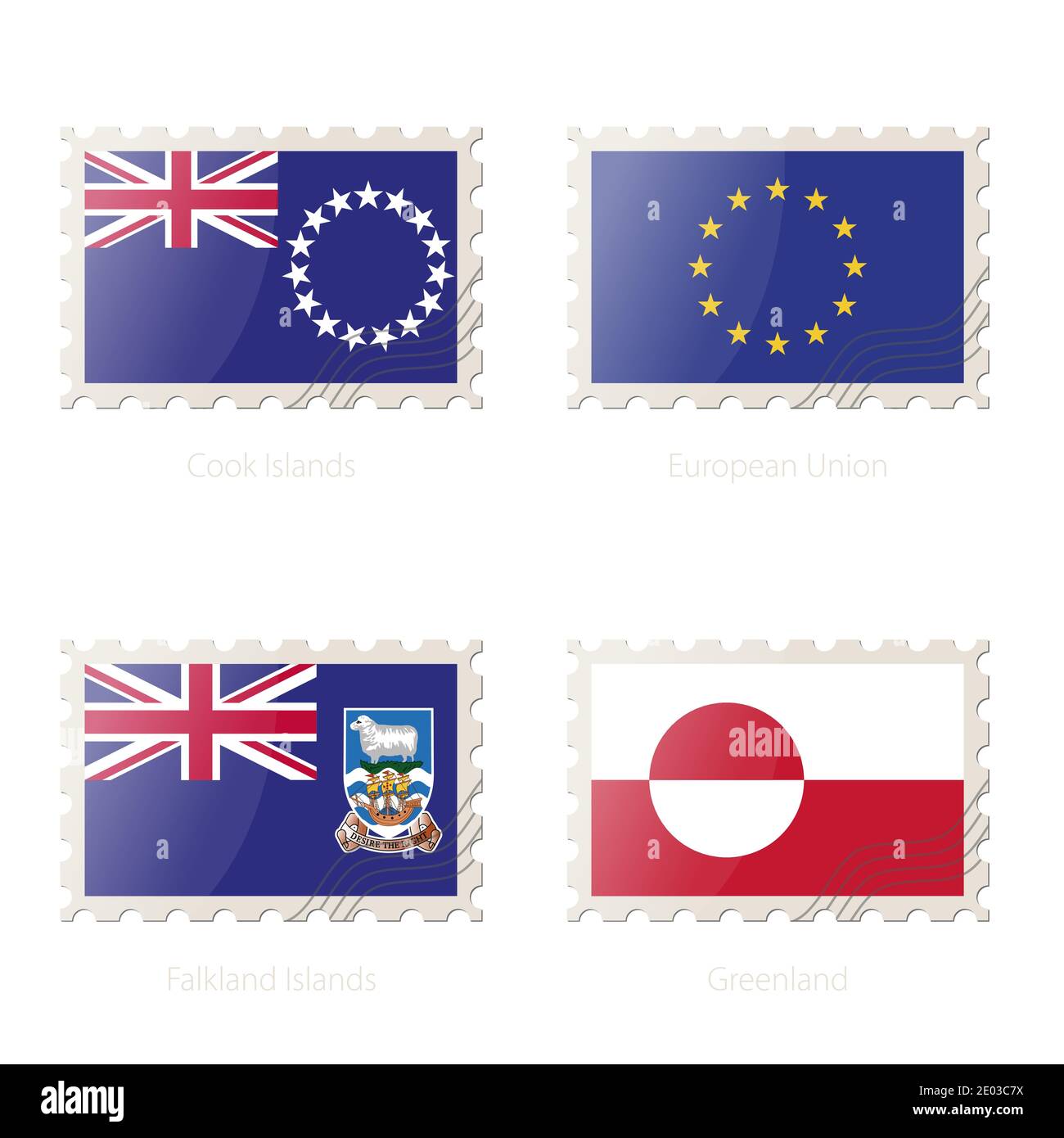 Francobollo con l'immagine di Isole Cook, Unione europea, Isole Falkland, bandiera della Groenlandia. Illustrazione vettoriale. Illustrazione Vettoriale