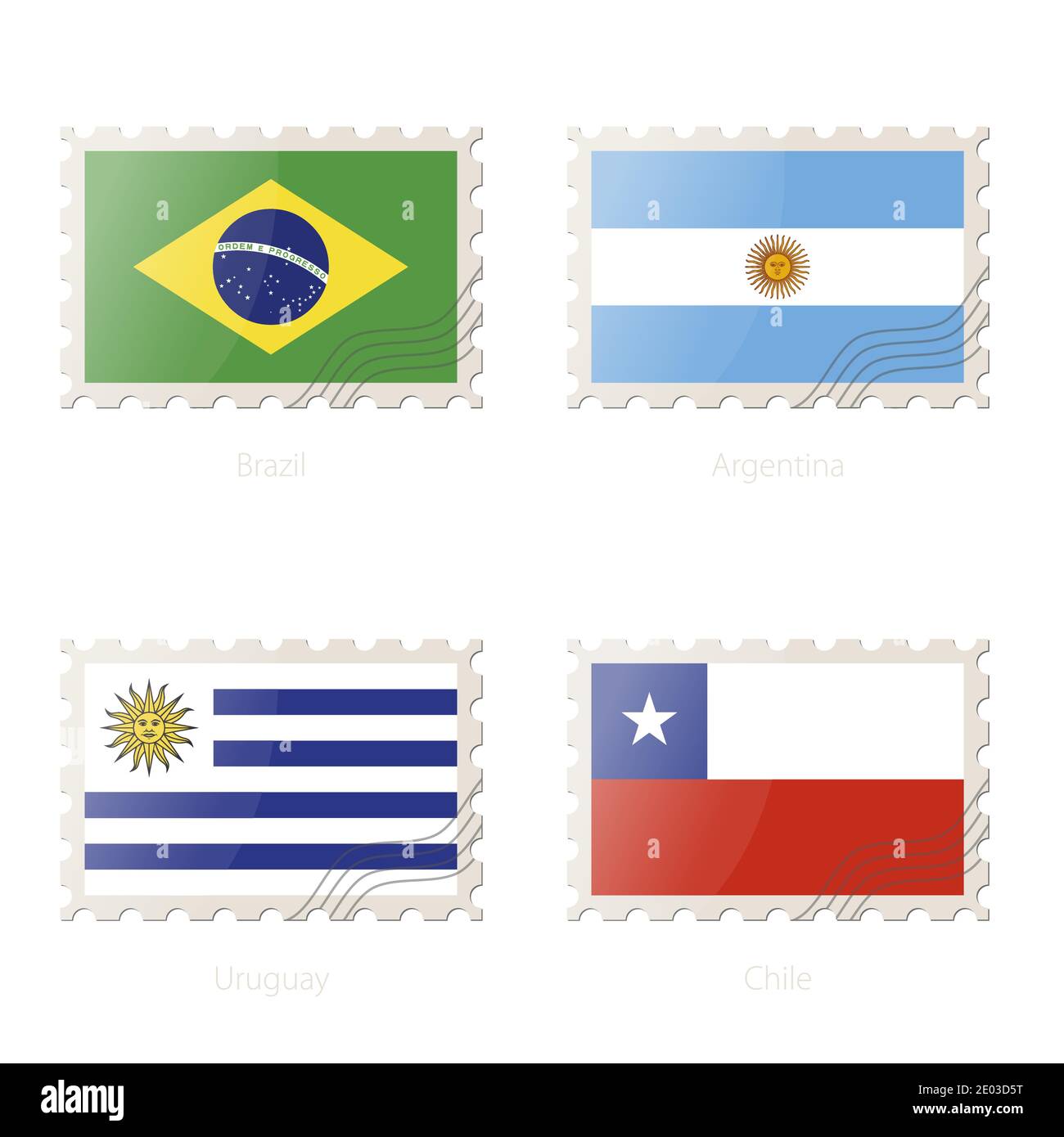 Francobollo con l'immagine di Brasile, Argentina, Uruguay, Cile bandiera. Illustrazione vettoriale. Illustrazione Vettoriale