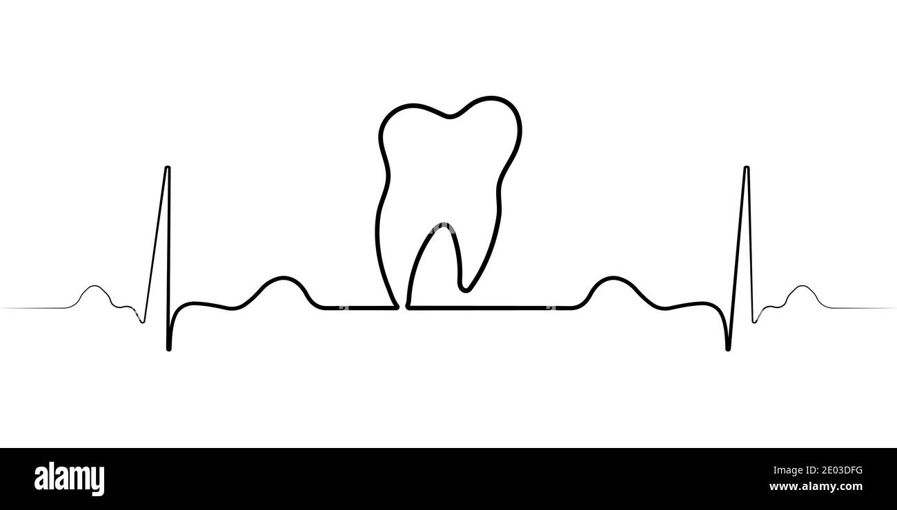 logo medico clinica dentale con una singola linea, impulso vettoriale, e il dente dell'icona dentaria denti sani molari denti e battito cardiaco Illustrazione Vettoriale