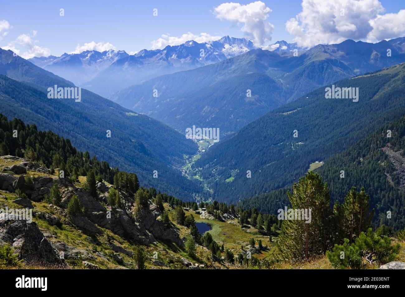 Vista dalla cima delle montagne della valle del Peio in Trentino-Alto Adige (Alpi, Italia, Europa) Foto Stock