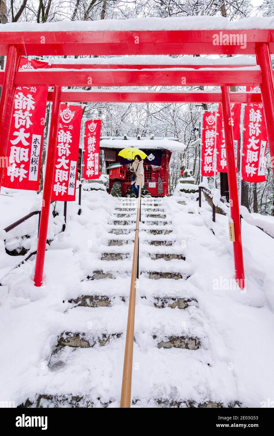 Spettacolare ingresso rosso torii del Santuario Ana Mori Inari al Parco Sainokawara, Kusatsu all'aperto Onsen, Giappone. Foto Stock