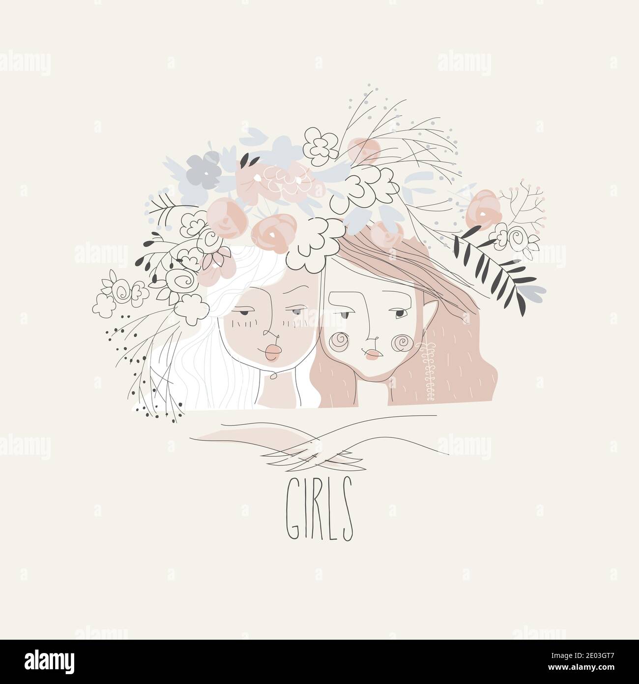 Illustrazione del cartone animato con due ragazze belle in fiori Illustrazione Vettoriale