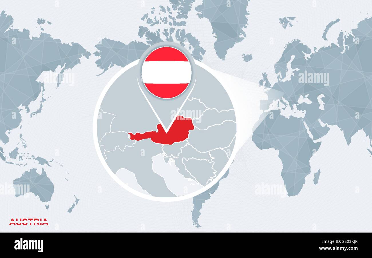 Mappa del mondo centrata sull'America con l'Austria ingrandita. Bandiera blu e mappa dell'Austria. Illustrazione vettoriale astratta. Illustrazione Vettoriale