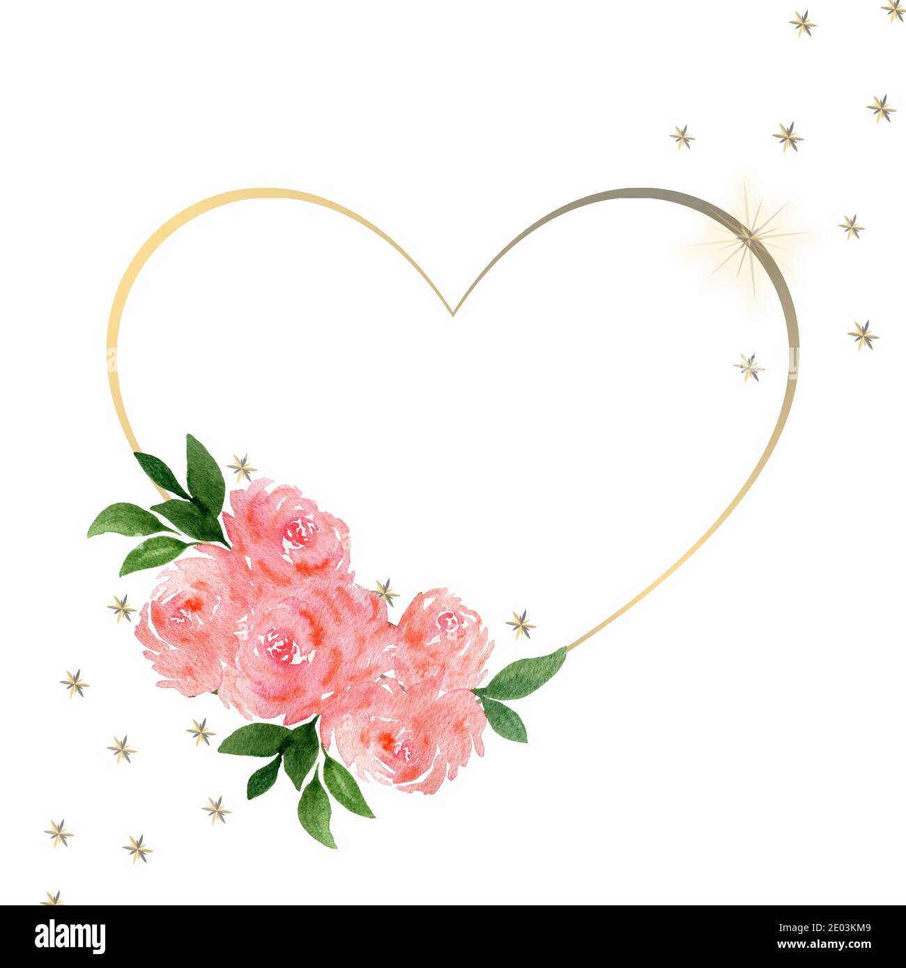 San Valentino sfondo, cuore dorato cornice con rosa rose bouquet per San Valentino o giorno della madre, cuore dorato cornice floreale Foto Stock