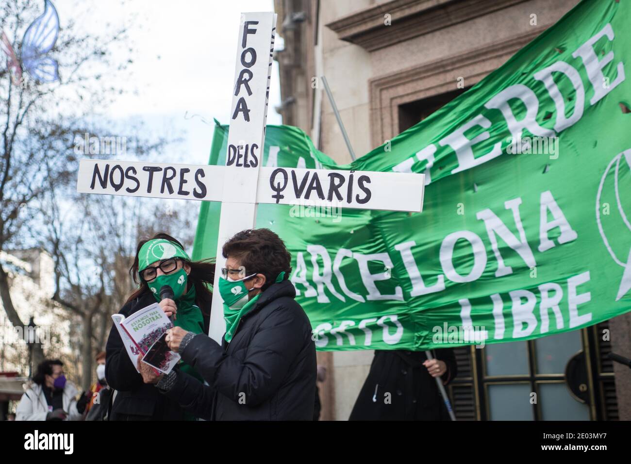 Una donna parla ai manifestanti durante la manifestazione.il movimento argentino, Green Tide (Marea Verde) fa una chiamata di fronte al consolato argentino a Barcellona, il giorno in cui il Senato argentino discute di dare la sanzione finale ad una legge che permette l'interruzione volontaria della gravidanza. Foto Stock