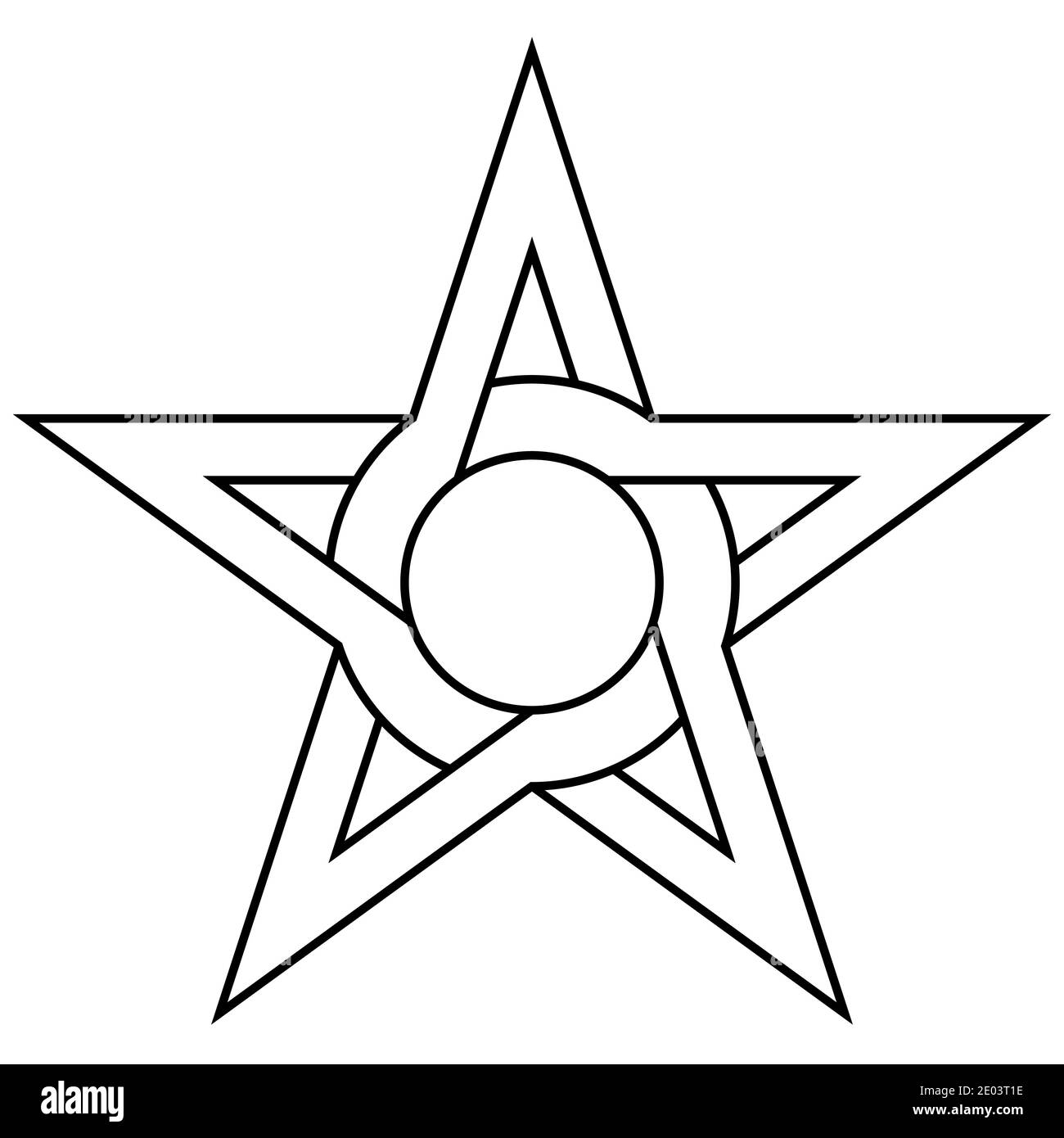 Stella con cerchio all'interno che interseca i lati e gli angoli della stella, simbolo del logo vettoriale della volontà umana libera Illustrazione Vettoriale