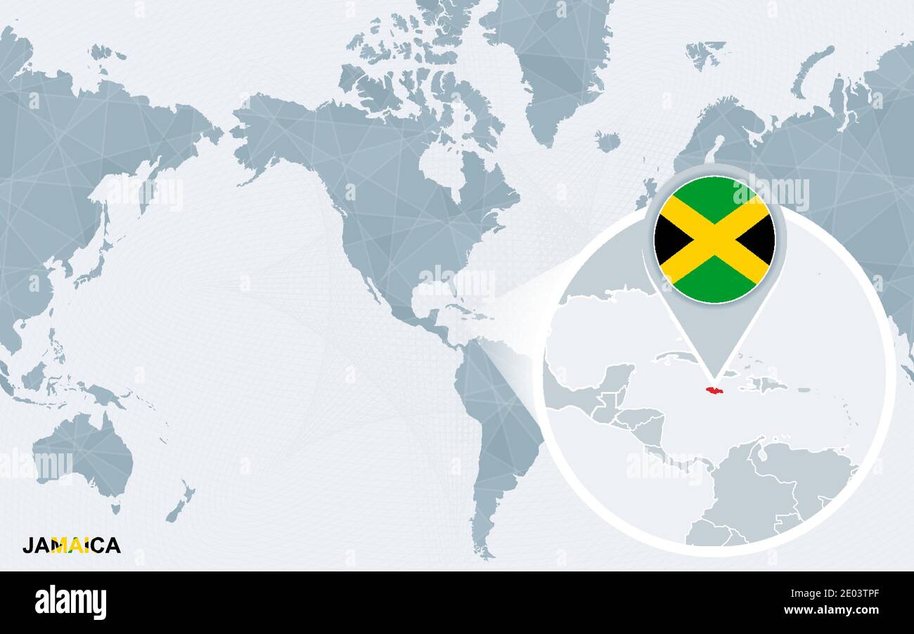 Mappa del mondo centrata sull'America con la Giamaica ingrandita. Bandiera blu e mappa della Giamaica. Illustrazione vettoriale astratta. Illustrazione Vettoriale