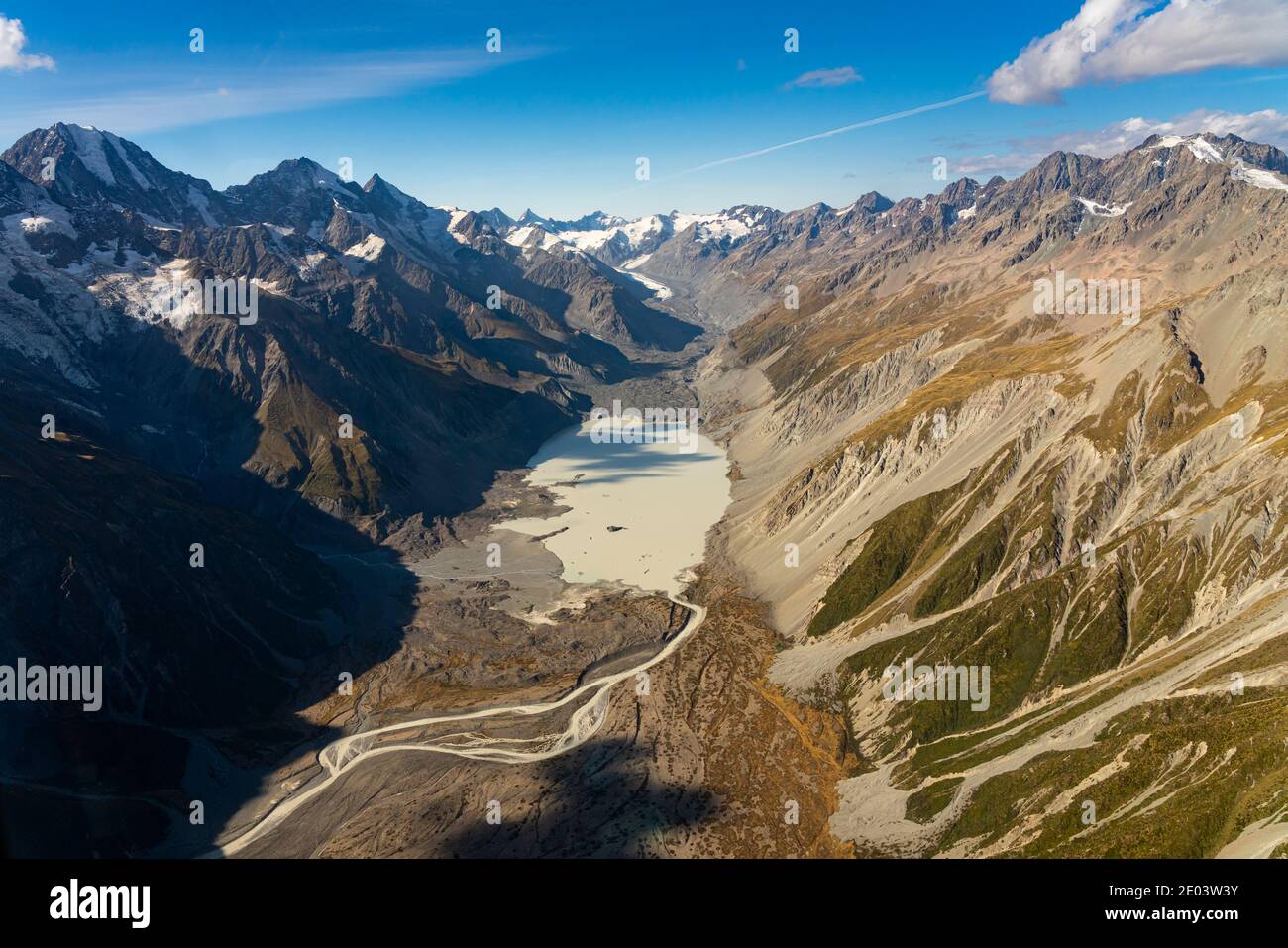 Hooker Valley visto da un elicottero, Aoraki / Mount Cook National Park, South Island, Nuova Zelanda Foto Stock