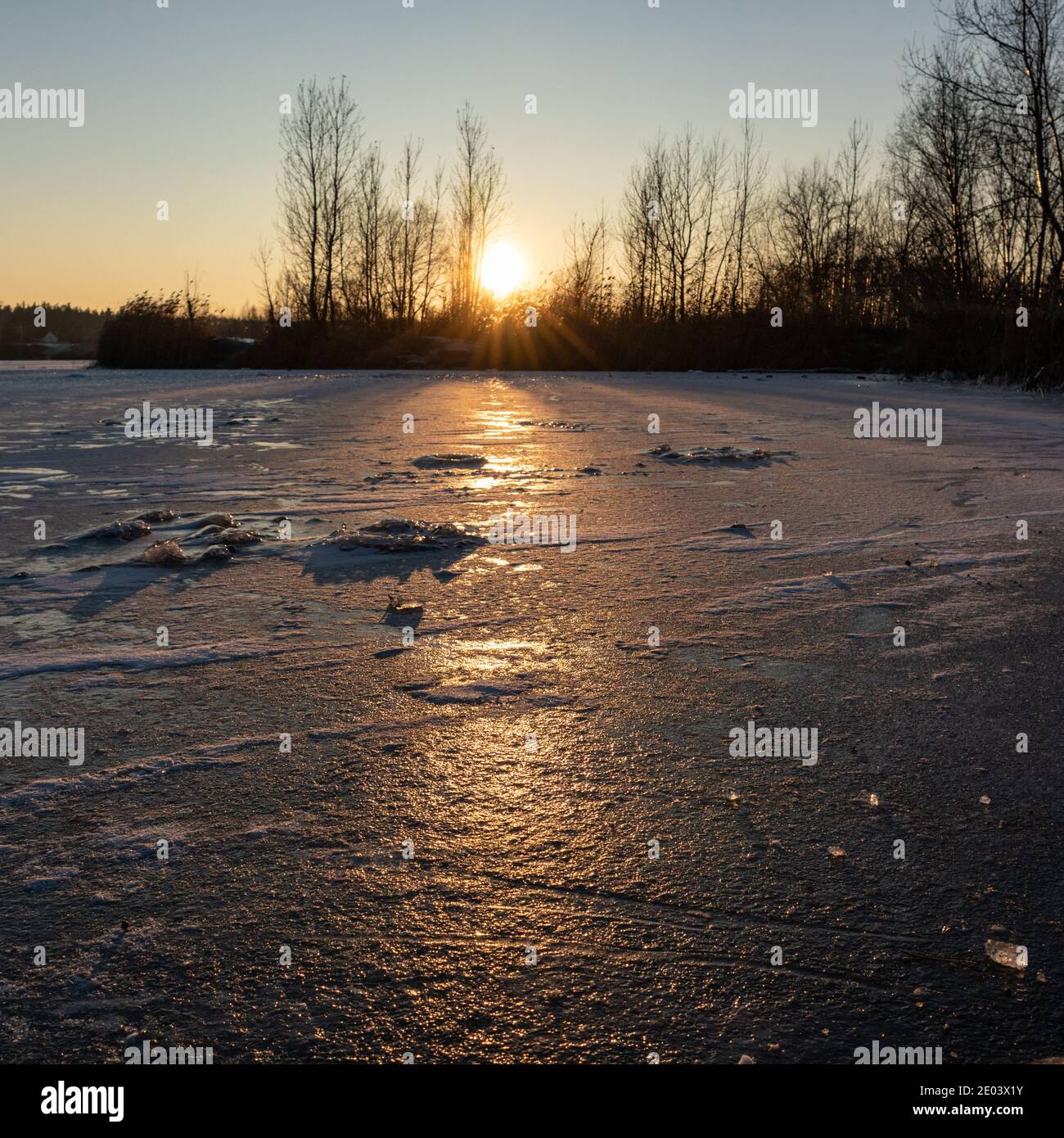 Tramonto sole con riflessi su ghiacciato lago ghiacciato riflettente con profili di alberi scuri, lunghe ombre e cielo limpido Foto Stock