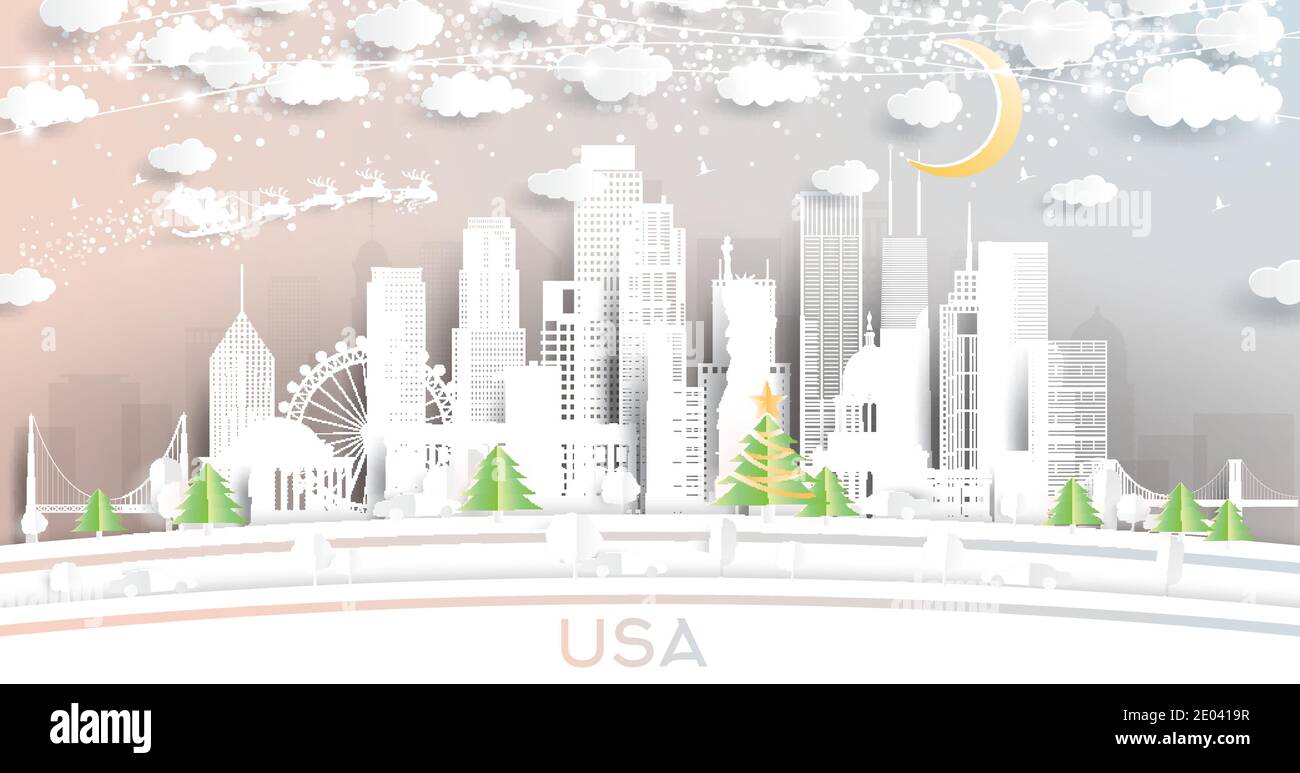 Skyline di USA City in stile Paper Cut con fiocchi di neve, Luna e Neon Garland. Illustrazione vettoriale. Natale e Capodanno. Babbo Natale sulla slitta Illustrazione Vettoriale