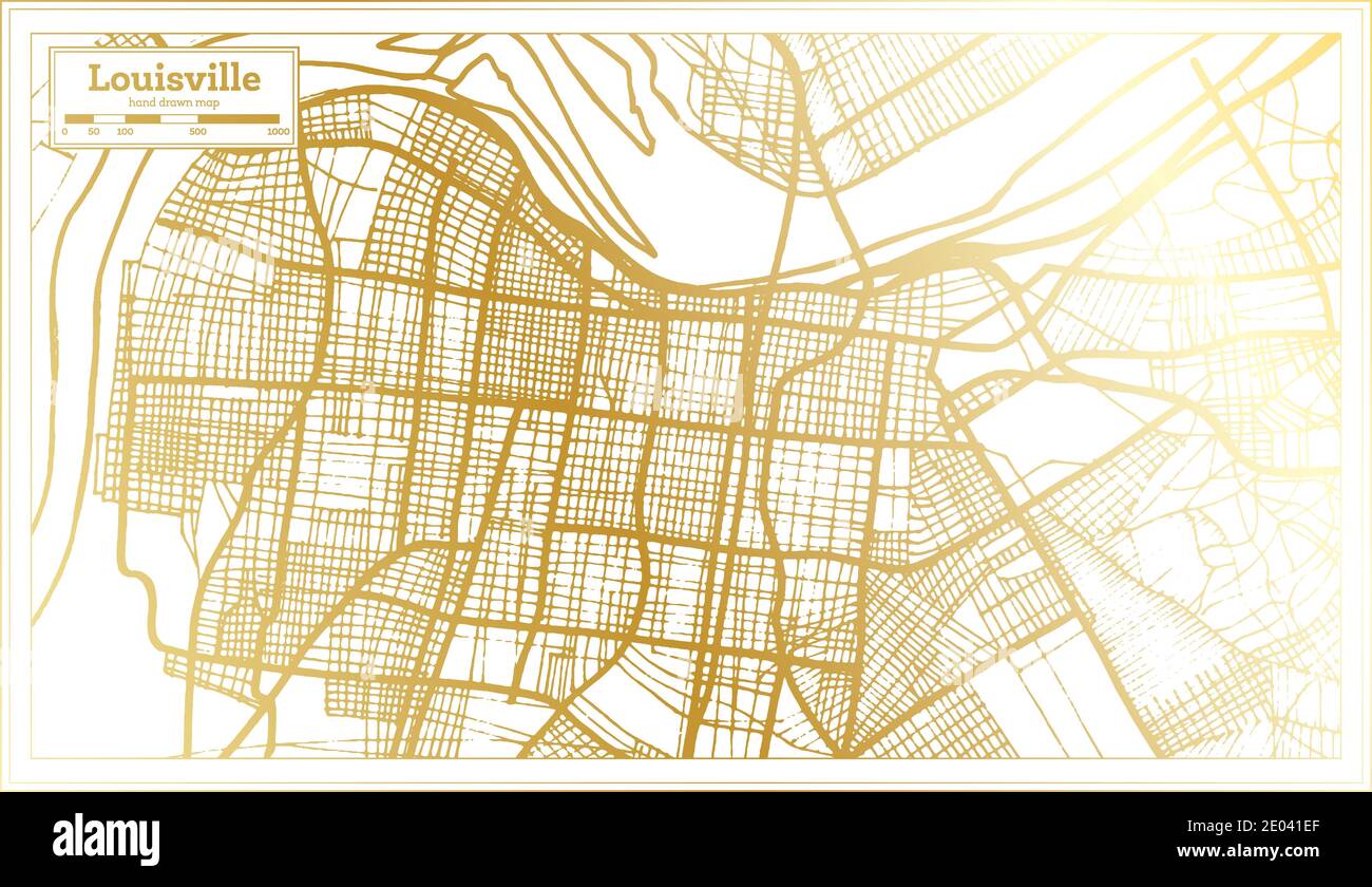 Louisville Kentucky USA Mappa della città in stile retro in colore dorato. Mappa di contorno. Illustrazione vettoriale. Illustrazione Vettoriale