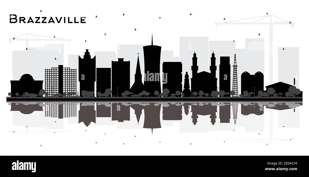 Brazzaville Repubblica del Congo City Skyline Silhouette con edifici neri e riflessi isolati su Bianco. Illustrazione vettoriale. Concetto di turismo Illustrazione Vettoriale