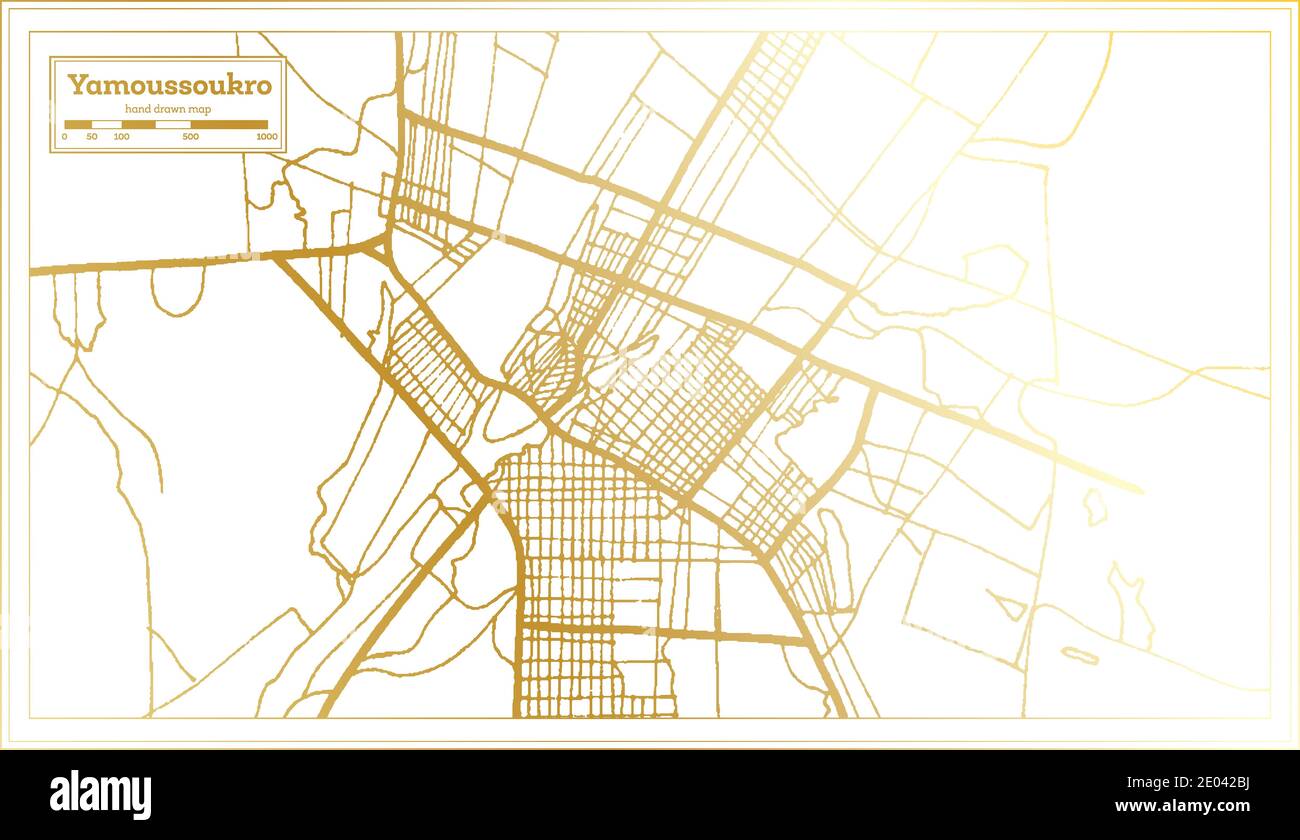 Yamoussoukro Mappa della città della Costa d'Avorio in stile retro in colore dorato. Mappa di contorno. Illustrazione vettoriale. Illustrazione Vettoriale