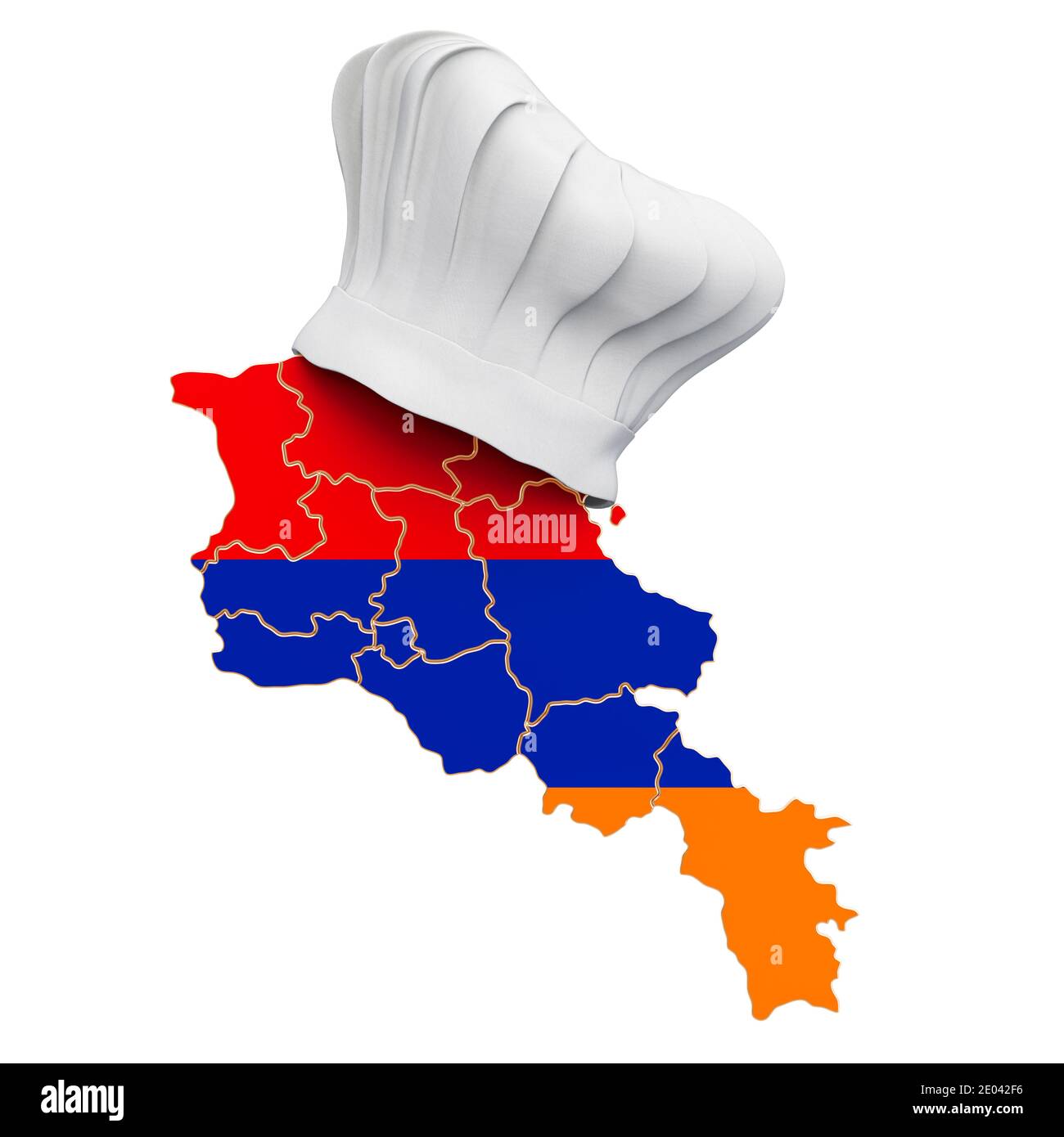 Concetto di cucina nazionale armena. Cappello chef con mappa di Armenia. Rendering 3D isolato su sfondo bianco Foto Stock