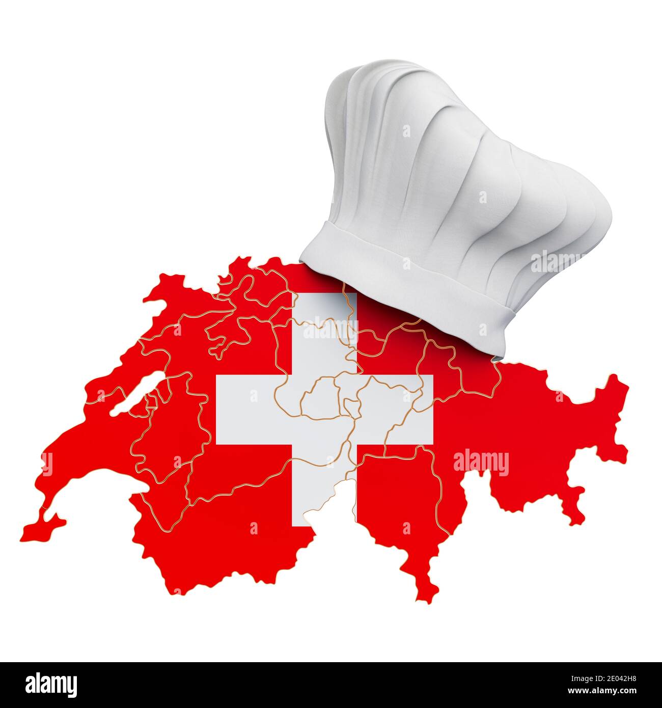 Concetto di cucina nazionale svizzera. Cappello da chef con mappa della  Svizzera. Rendering 3D isolato su sfondo bianco Foto stock - Alamy