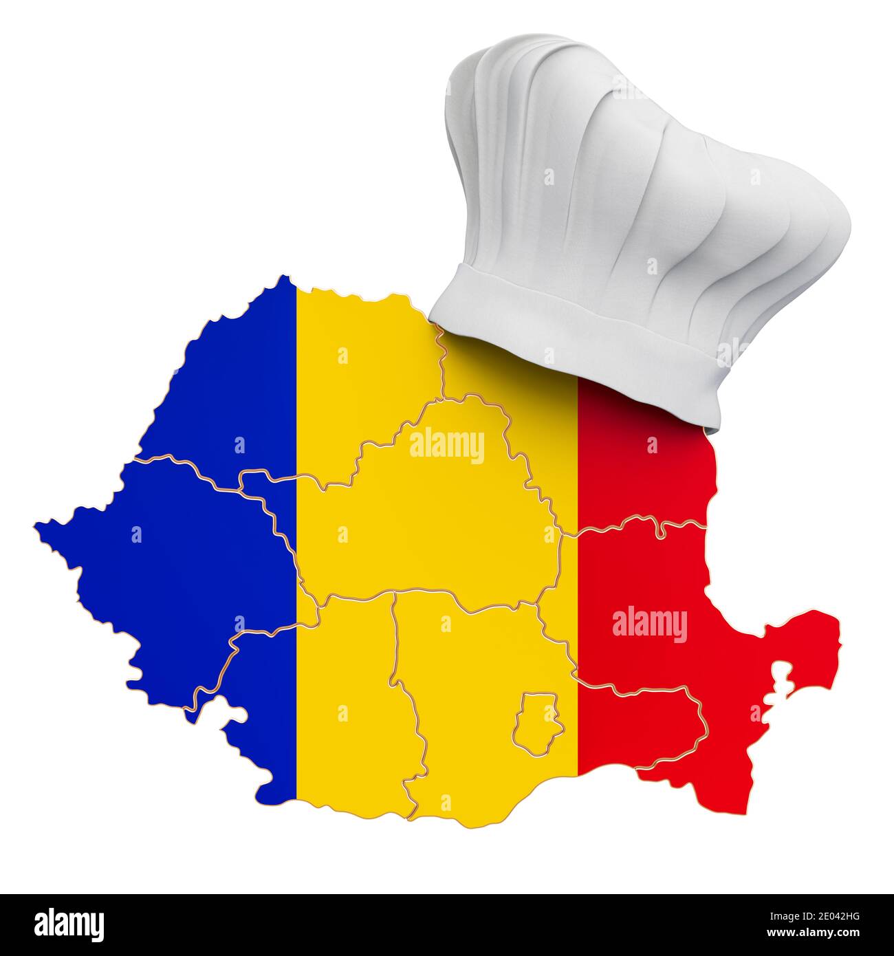 Concetto di cucina nazionale rumena. Cappello chef con mappa della Romania. Rendering 3D isolato su sfondo bianco Foto Stock