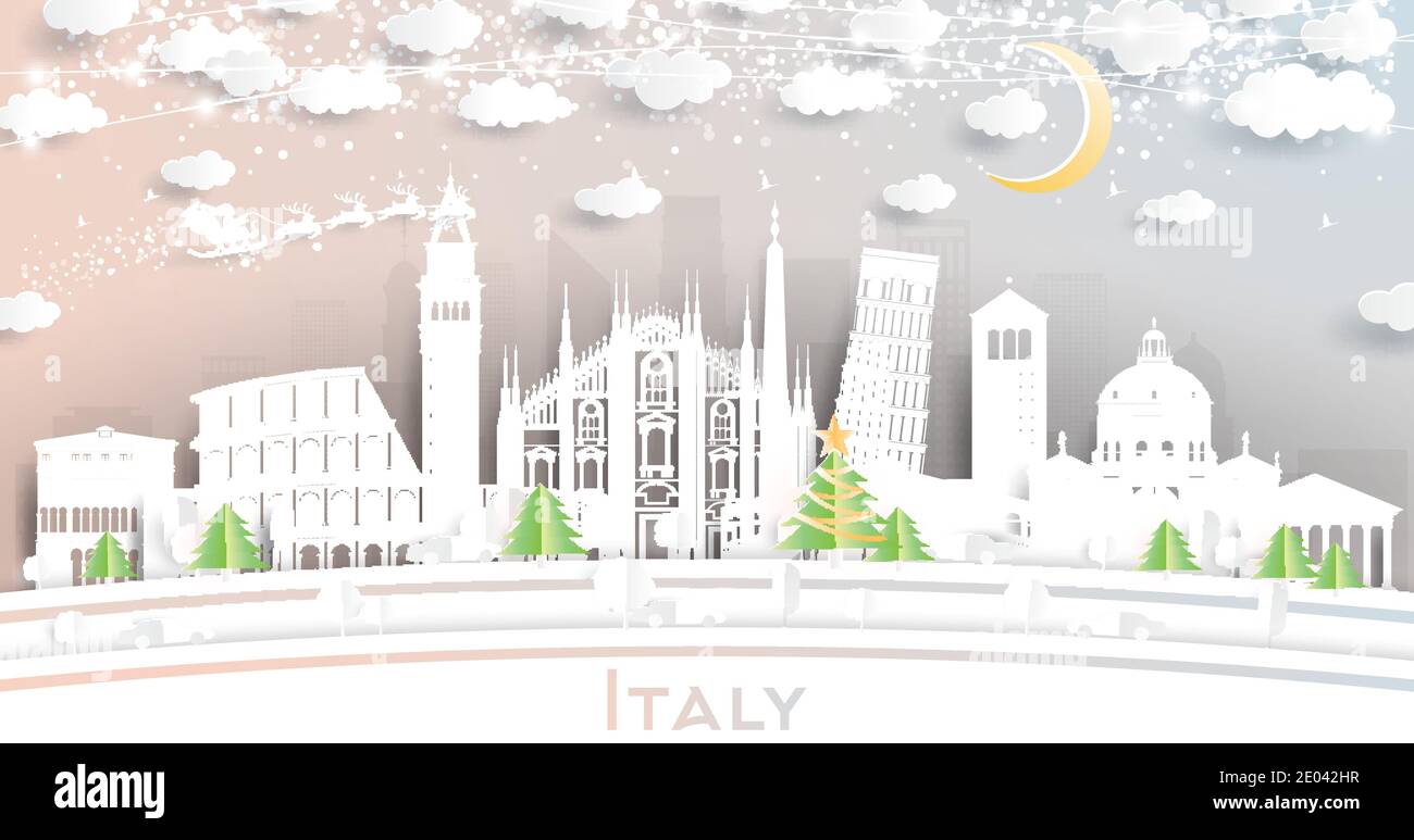 Skyline della città in stile Paper Cut con fiocchi di neve, Luna e Neon Garland. Illustrazione vettoriale. Natale e Capodanno. Illustrazione Vettoriale