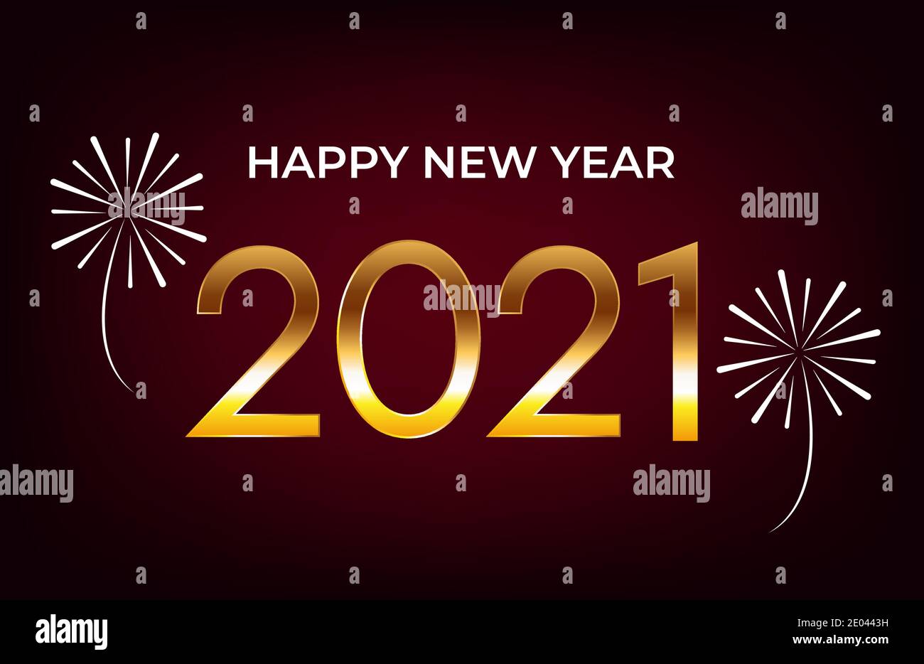 Felice anno nuovo 2021. Banner vettoriale con numeri d'oro e fuochi d'artificio bianchi su sfondo rosso. Illustrazione Vettoriale