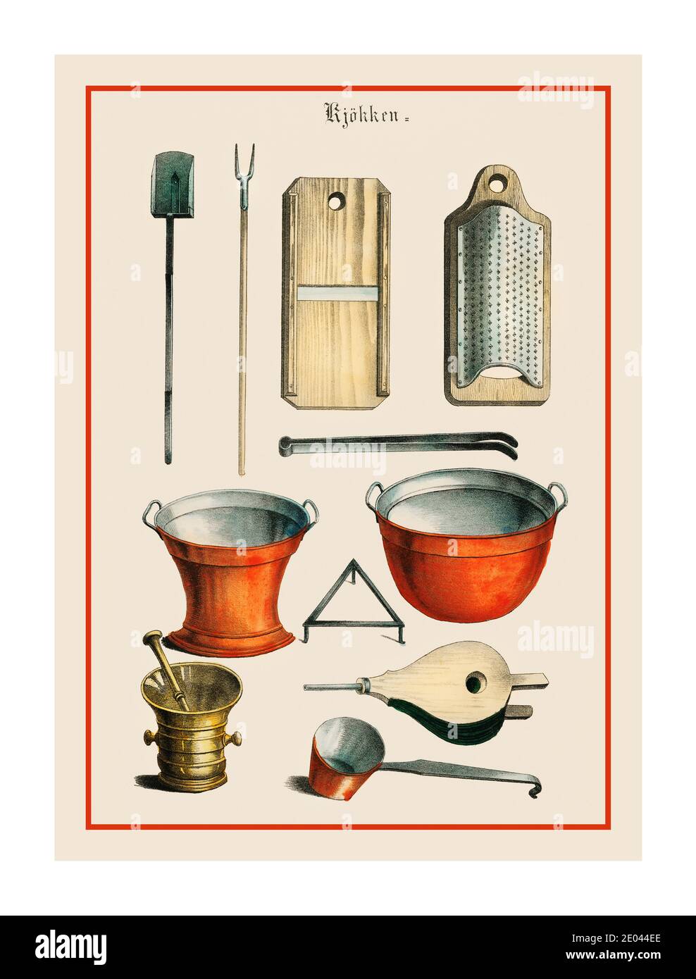 Litografia degli utensili del 1800 (1850) Danimarca, una collezione d'epoca di utensili da cucina e utensili da cucina. Foto Stock