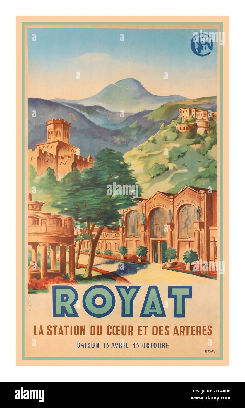 ROYAT Auvergne poster di viaggio d'epoca degli anni '30 per Royat - un comune nel dipartimento Puy-de-Dôme in Alvernia nel centro della Francia. Rilasciato da SNCF. La Société nationale des Chemins de fer français è la compagnia ferroviaria statale francese. Francia, 1938, progettista: J. Loton,/ Havas Foto Stock