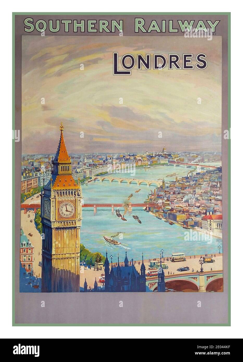 Poster di viaggio vintage Westminster Southern Railway DEL TAMIGI del 1900 PER i viaggiatori provenienti dalla Francia ‘Londres" con Big ben & Clock Tower con il Tamigi Westminster e il London Bridge London UK Foto Stock