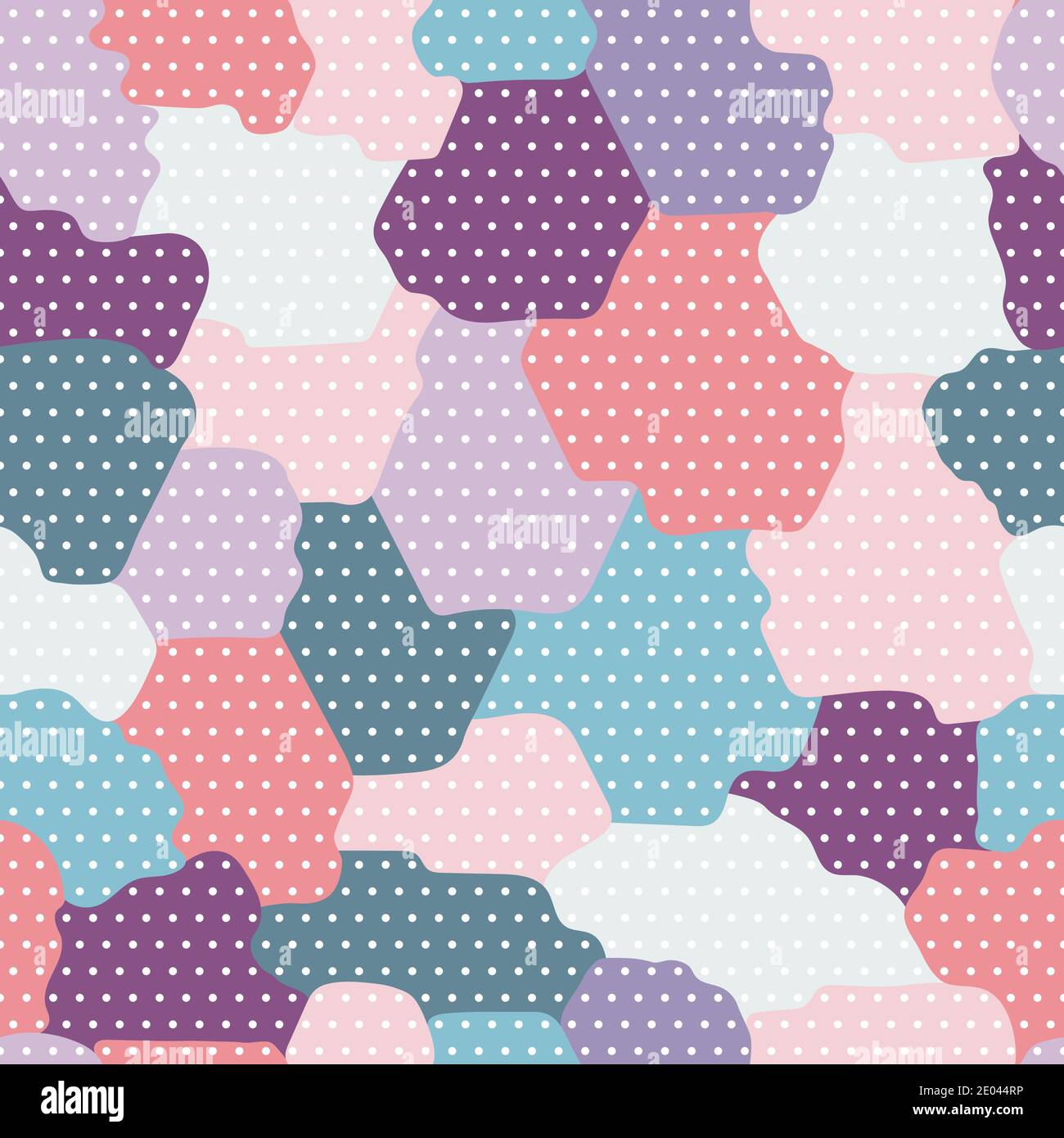 Grafica di moda senza giunture di polka vettoriale e cerchi astratti disegno modello sfondo geometrico. I puntini circolari colorati sparsi si si ripetono. Illustrazione Vettoriale