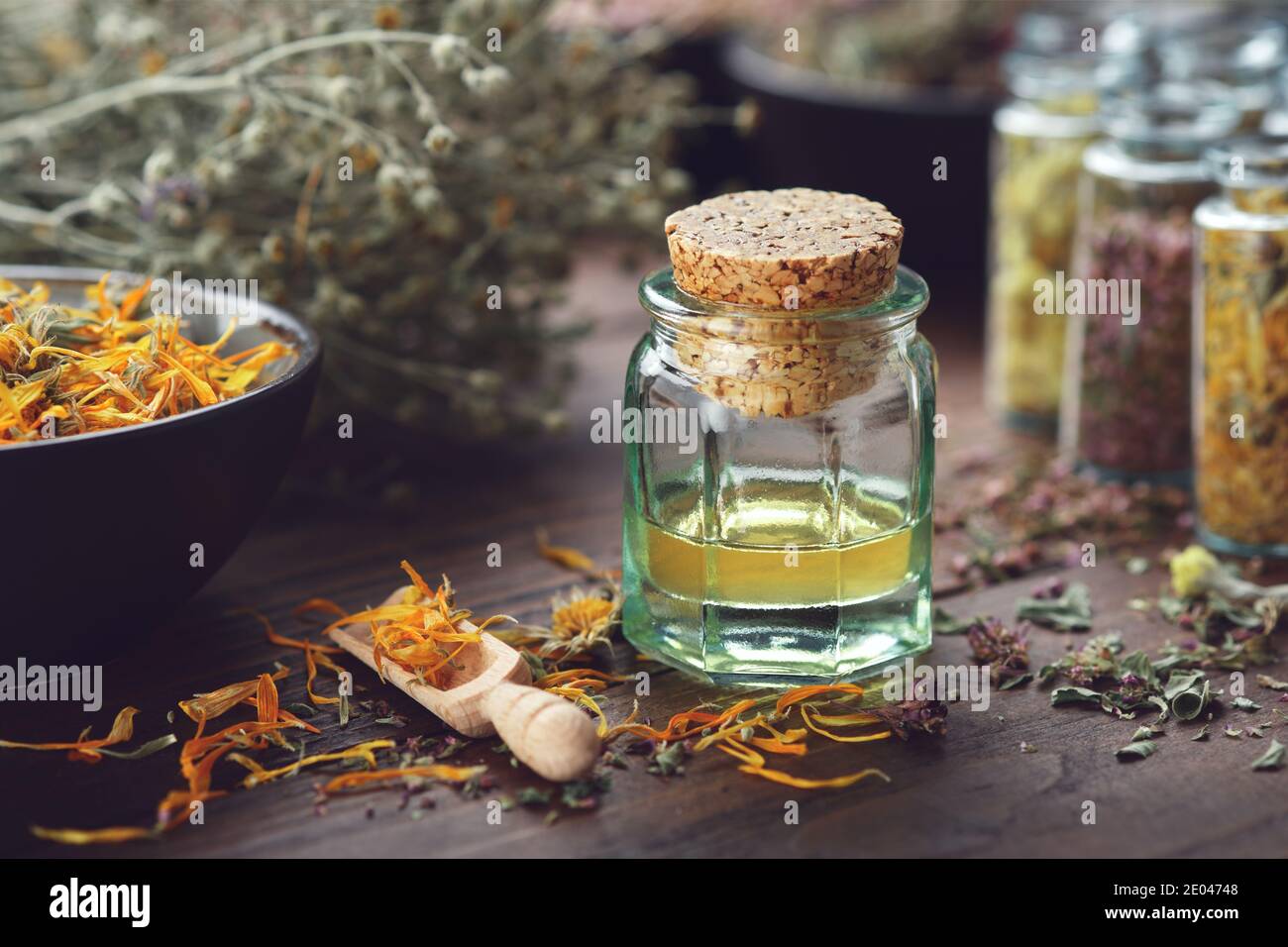 Bottiglia di olio essenziale, recipiente di petali di calendula asciutti. Bottiglie di vetro di erbe medicinali. Medicina alternativa. Foto Stock