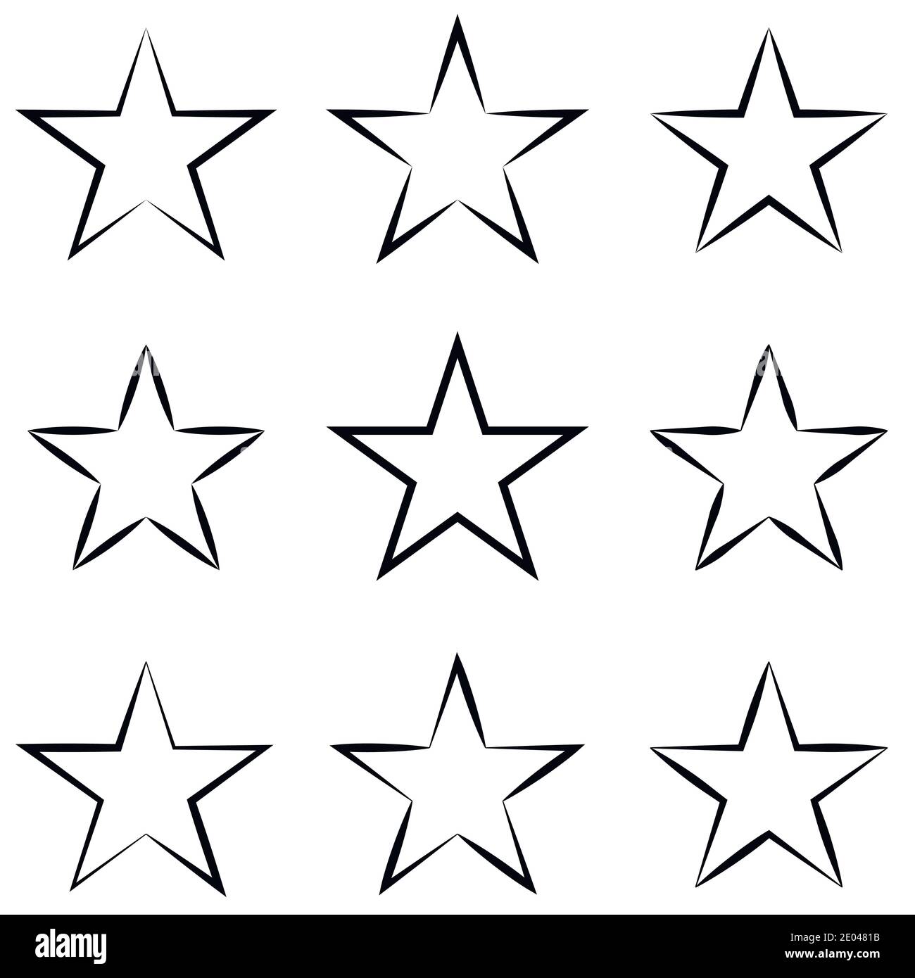Imposta stelle con tratto di contorno calligrafico, contorno di forma a stella disegnato a mano vettoriale Illustrazione Vettoriale