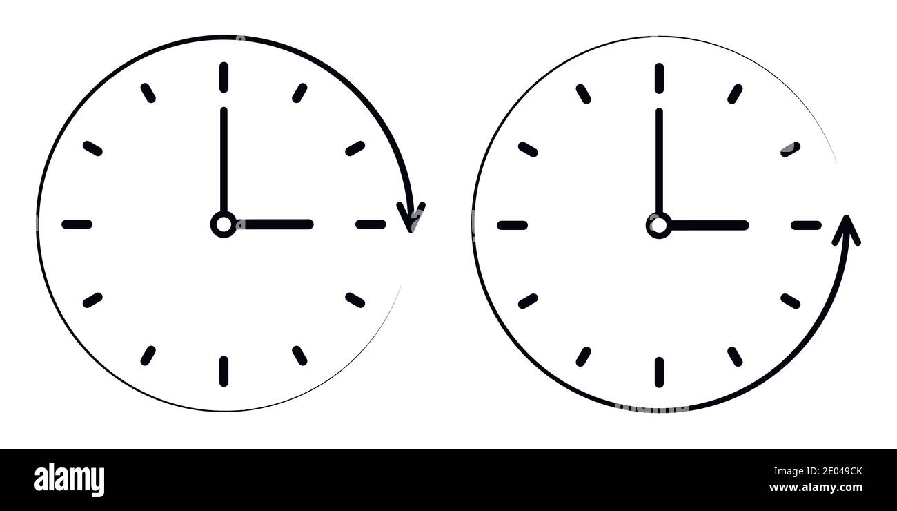 Icona segno il tempo di passaggio in senso antiorario, orologio vettore, lancette dei minuti e delle ore. Concetto di senso orario, antiorario Illustrazione Vettoriale