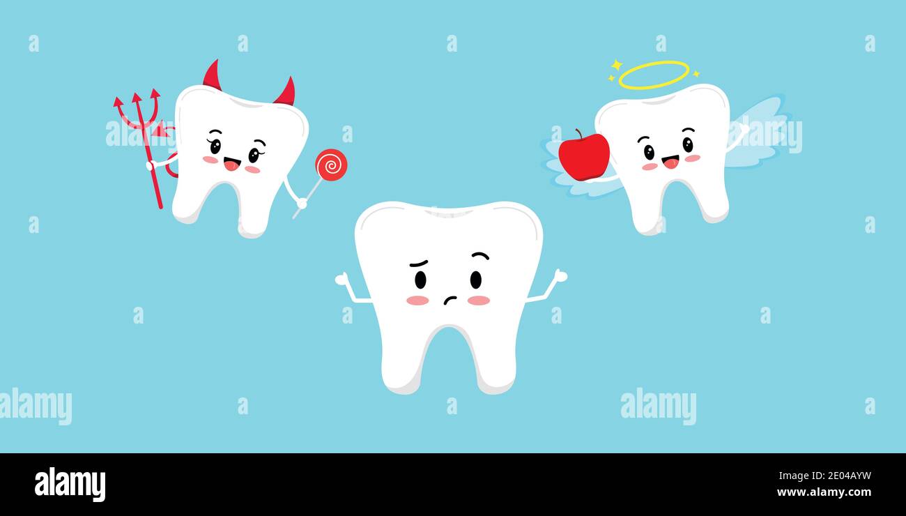 Cute dente pensare e diavolo con angelo sulla sua spalla. Illustrazione Vettoriale