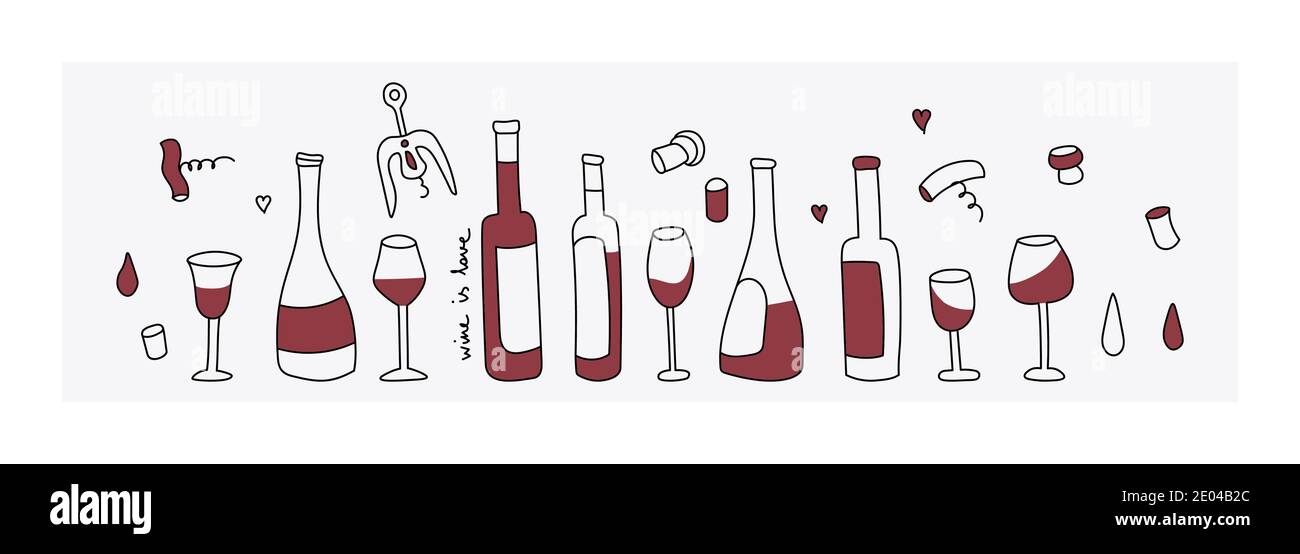 Vino rosso, bicchiere, cavatappi. Elementi di disegno vettoriali in stile doodle. Opzioni di bottiglia di vino. Design semplice e piatto. Illustrazione Vettoriale