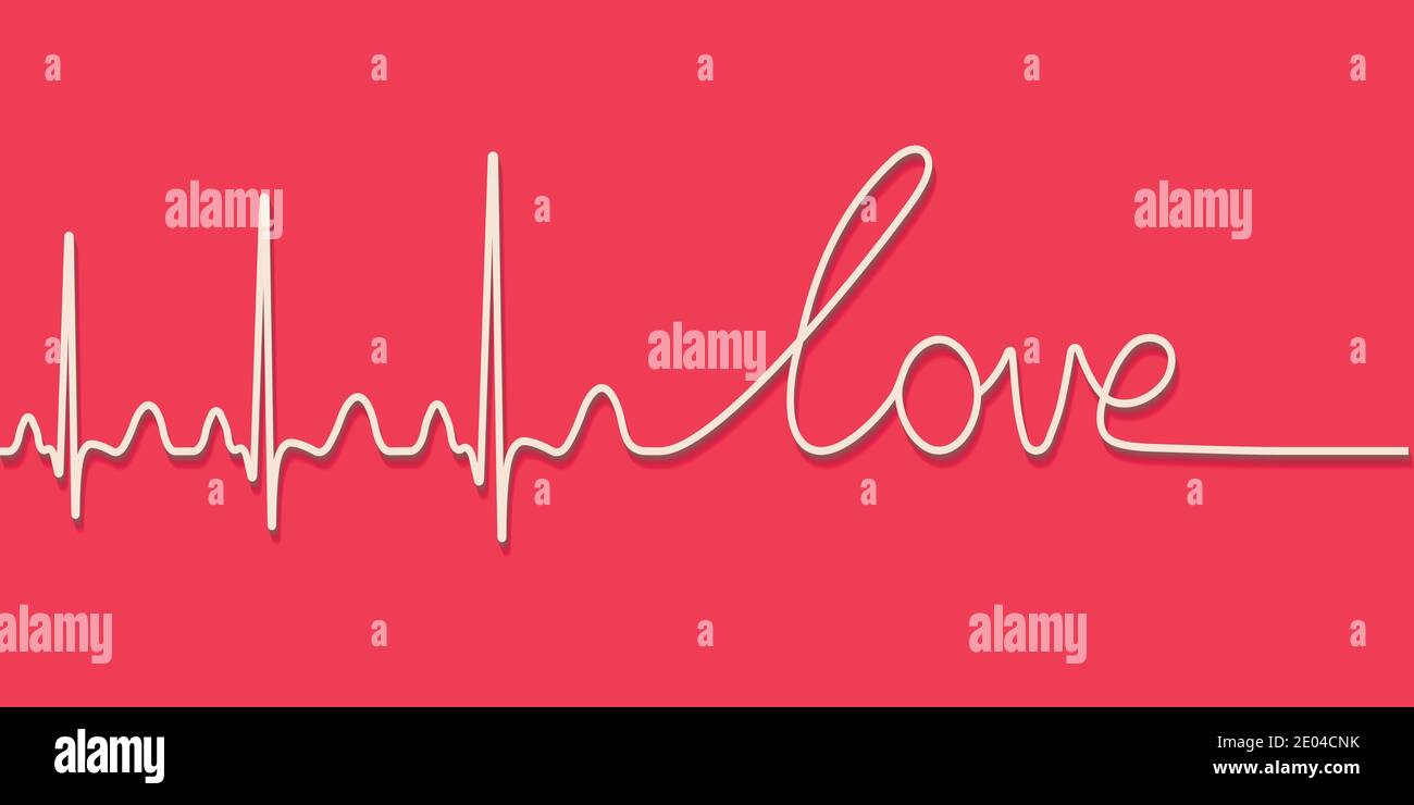 Heartbeat pulsate text la parola amore, linea calligrafica disegnata a mano, concetto di amore vettoriale per San Valentino Illustrazione Vettoriale
