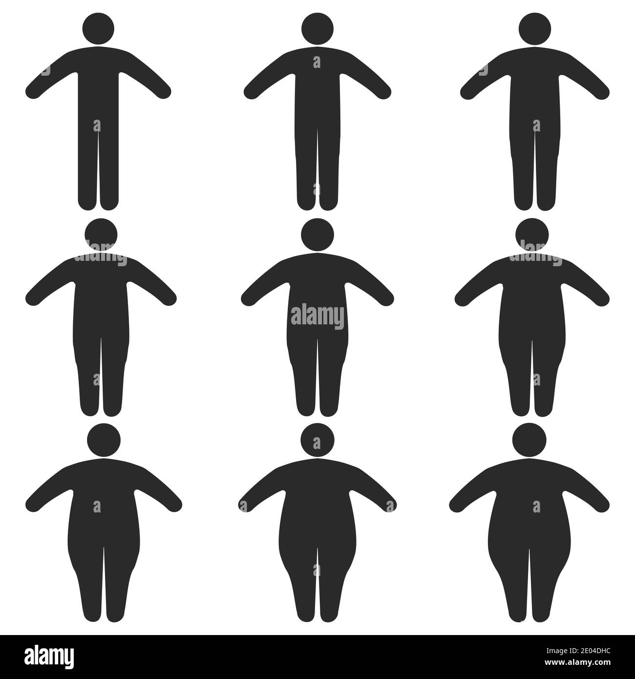 Set di icone umane spesso, sottile, grasso, dimensioni del corpo, grado di obesità, vettore delle proporzioni del corpo da sottile a grasso, il concetto di perdere Illustrazione Vettoriale