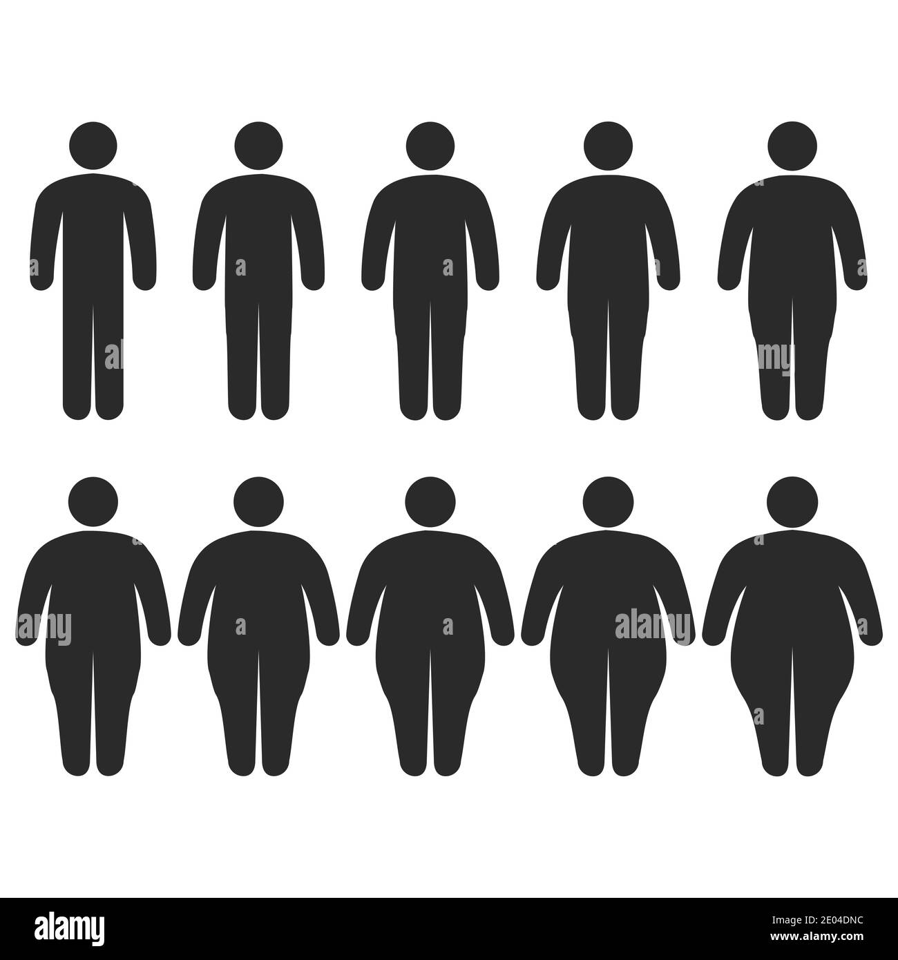 Set di icone umane spesso, sottile, grasso, dimensioni del corpo, grado di obesità, vettore delle proporzioni il corpo da sottile a grasso, il concetto di perdita di peso Illustrazione Vettoriale