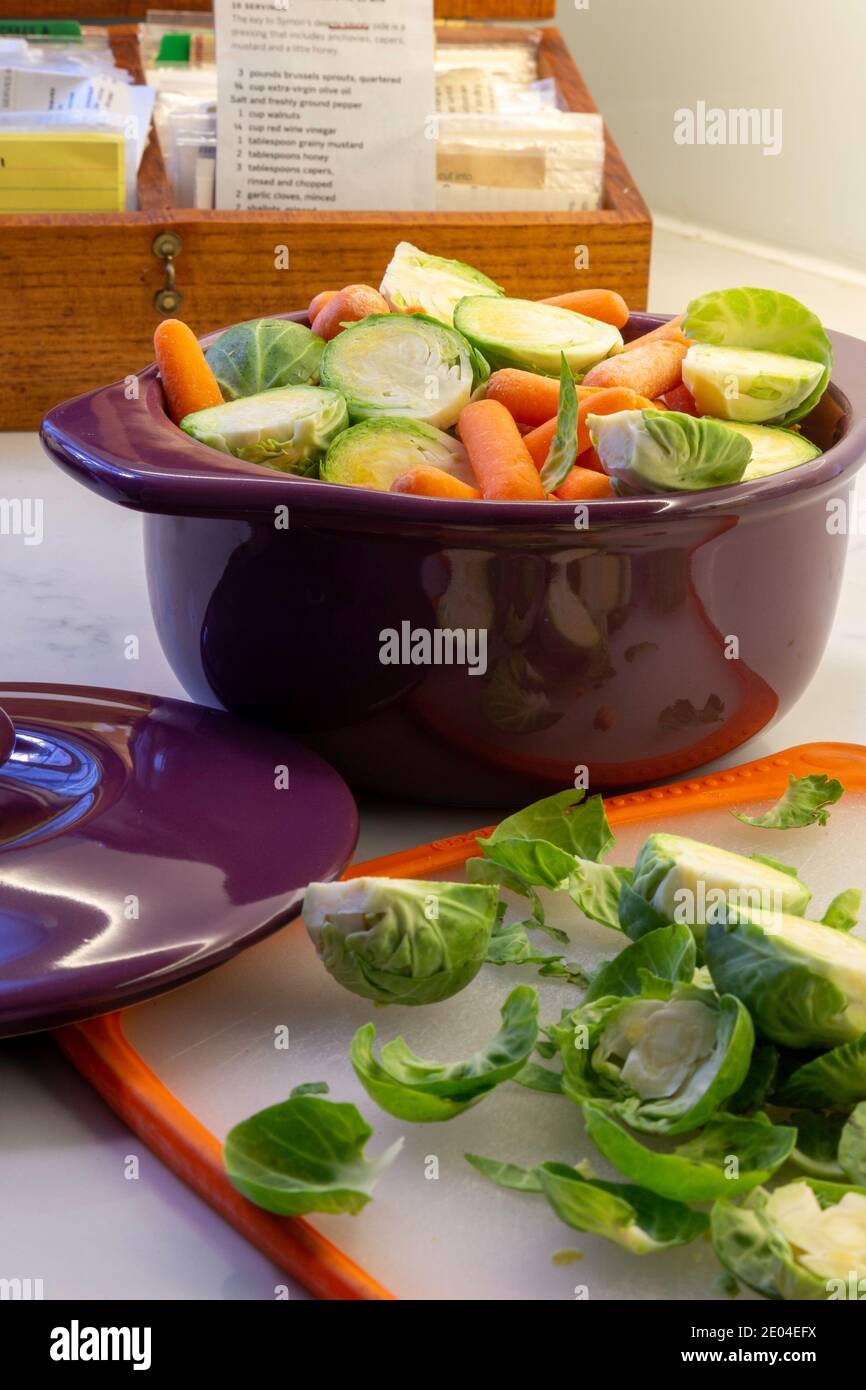 Il banco della cucina residenziale è pieno di preparazione dei pasti, Stati Uniti Foto Stock