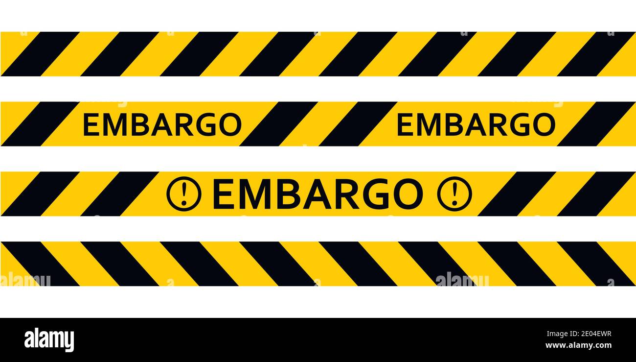 Nastro di avvertimento giallo iscrizione embargo, nastro vettoriale, avvertimento dell'embargo, il divieto di vendita di prodotti petroliferi Illustrazione Vettoriale