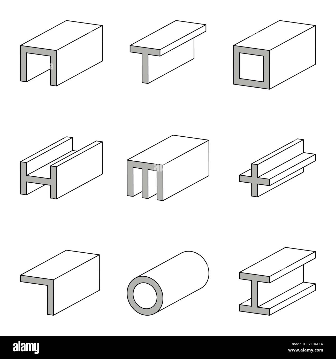 icona delle cezioni in acciaio, profili, dimensioni di piastre e tubi, proprietà, specifiche tecniche, icona della linea vettoriale del prodotto di tubi e travi in acciaio Illustrazione Vettoriale