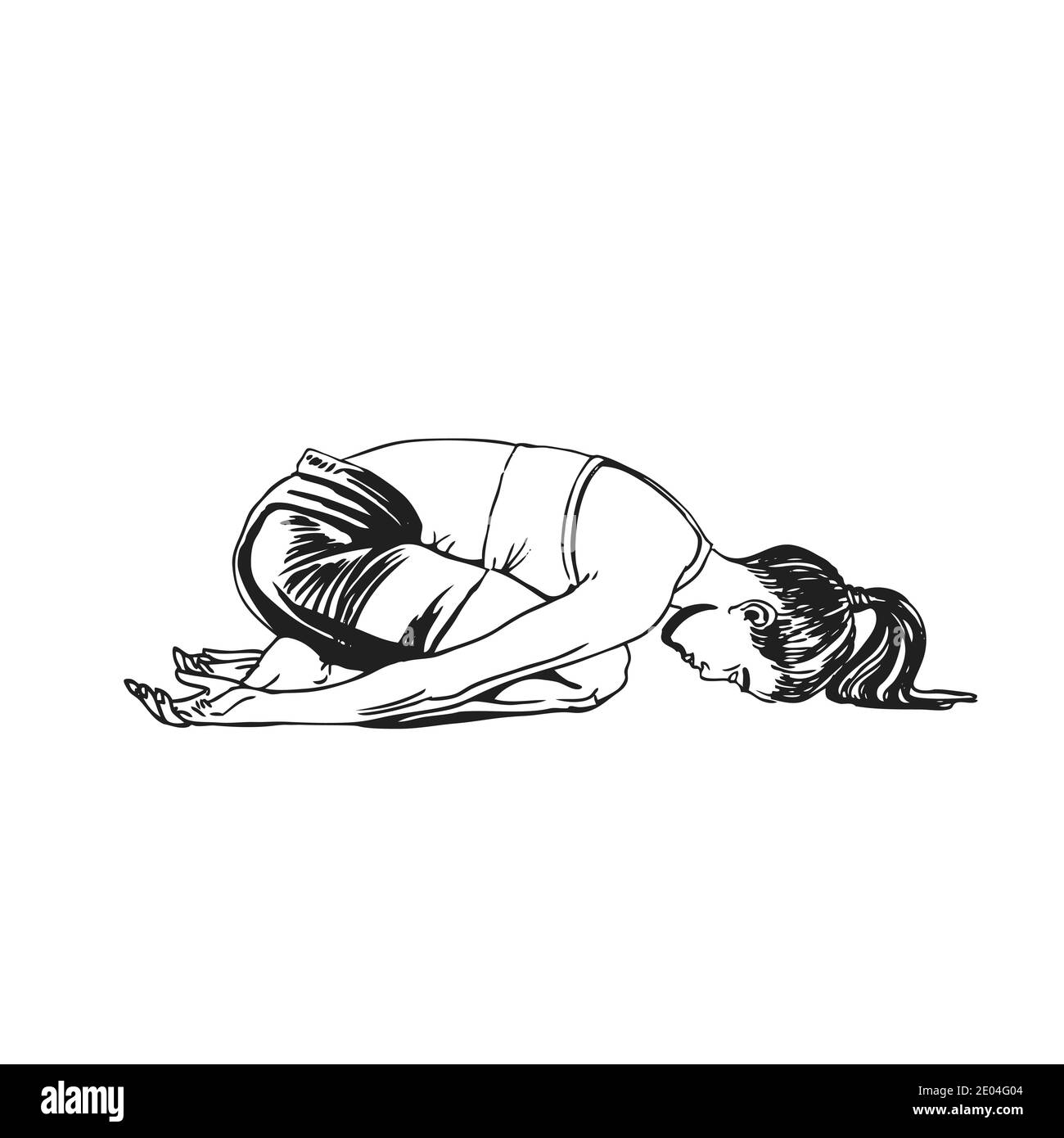 Giovane donna in posa yoga del bambino, arte di clor d'acqua disegnata a mano di nero. Vettore di illustrazione Yoga Illustrazione Vettoriale