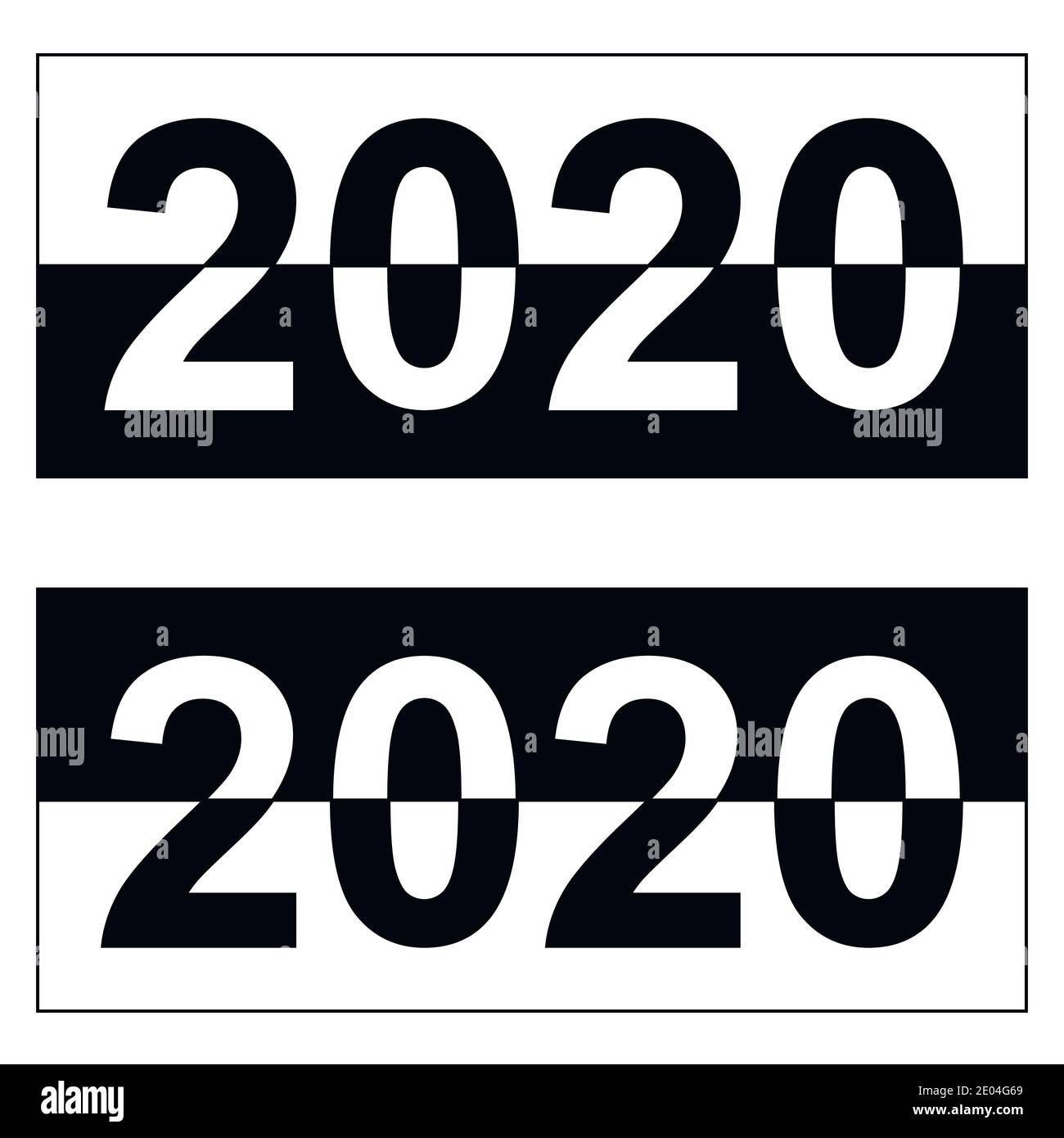 Felice anno nuovo 2020, banner bianco e nero monocromatico, data cifra vettoriale per l'anno 2020 la distribuzione dei colori bianco e nero Illustrazione Vettoriale