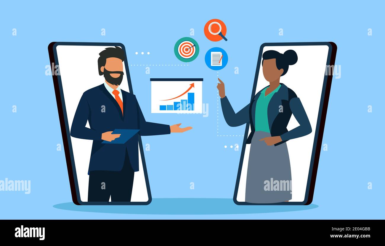 Vettore di un uomo d'affari e di una donna d'affari che chattano in linea che discute l'investimento opportunità Illustrazione Vettoriale