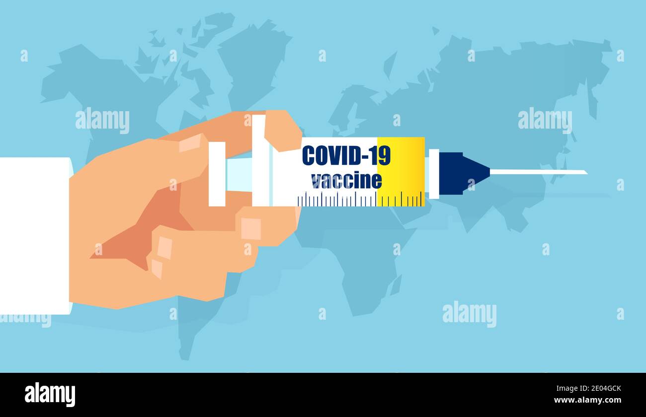 Vettore di una mano del medico che tiene una siringa con un vaccino covid-19 su sfondo mappa mondiale Illustrazione Vettoriale